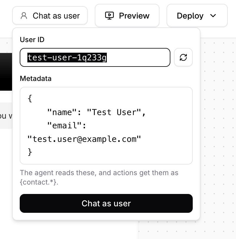The Chat as user panel with a User ID and metadata for the test user
