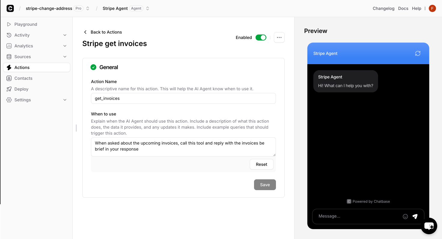 Selecting get invoices action from Stripe options