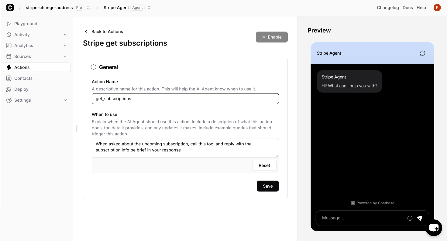 Selecting get subscription action from Stripe options