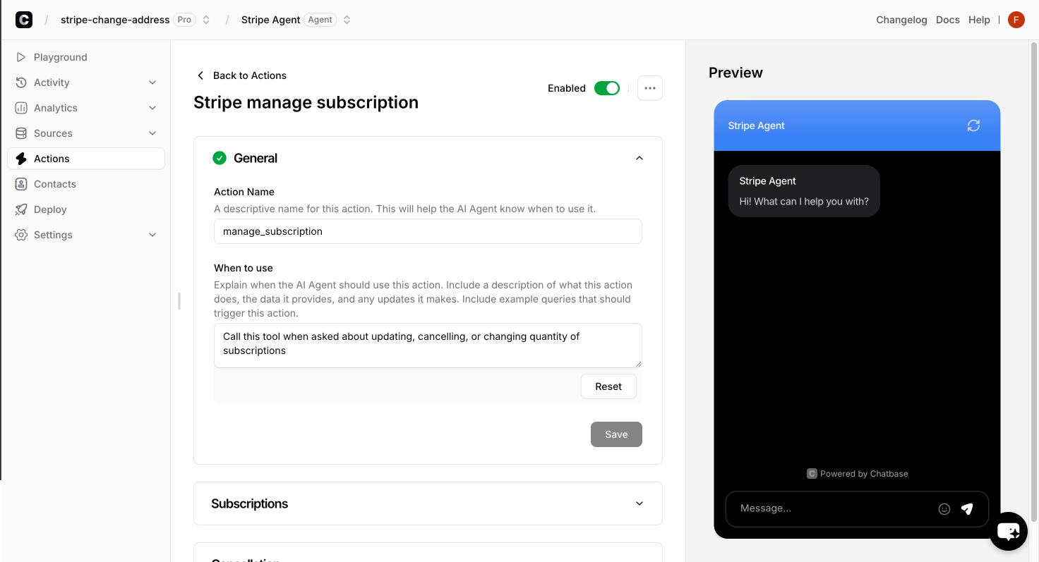 Configuring subscription management action with comprehensive options