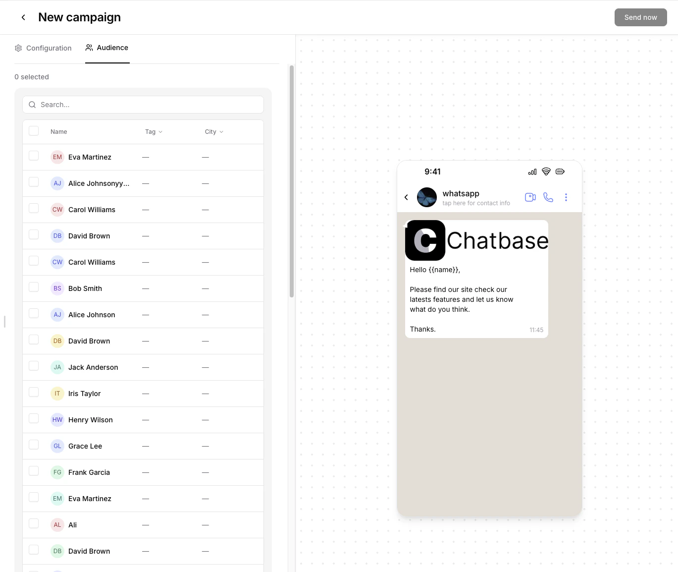 Audience tab showing the contact list with name, tag, and city columns