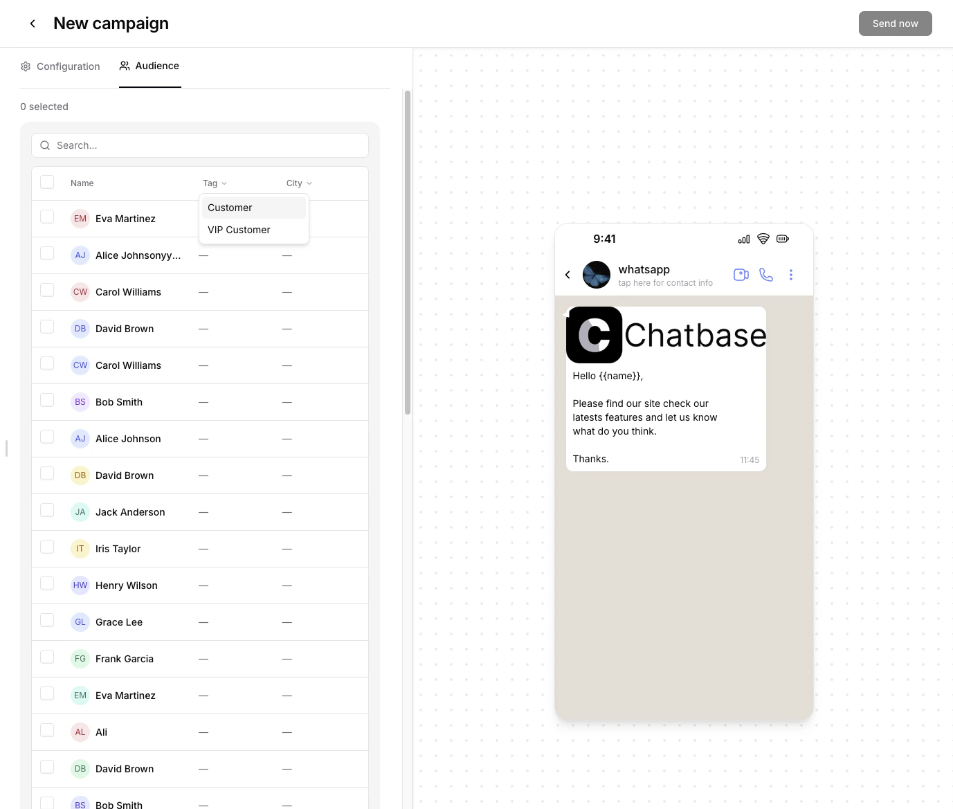 Tag filter dropdown showing Customer and VIP Customer options