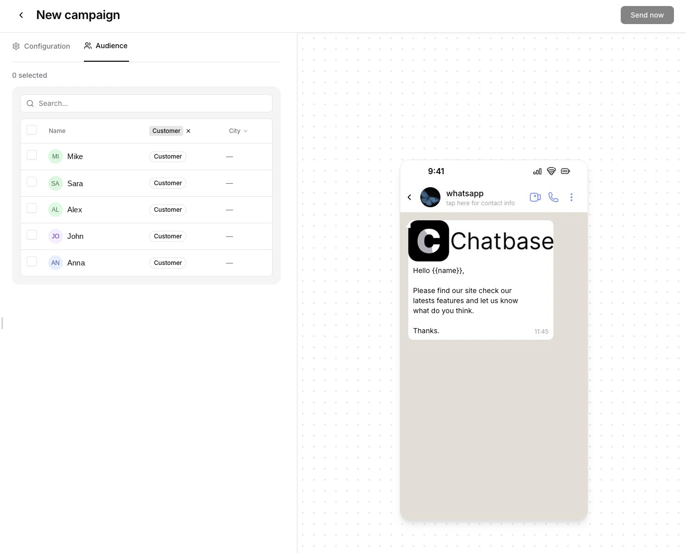 Contact list filtered by Customer tag showing matching contacts