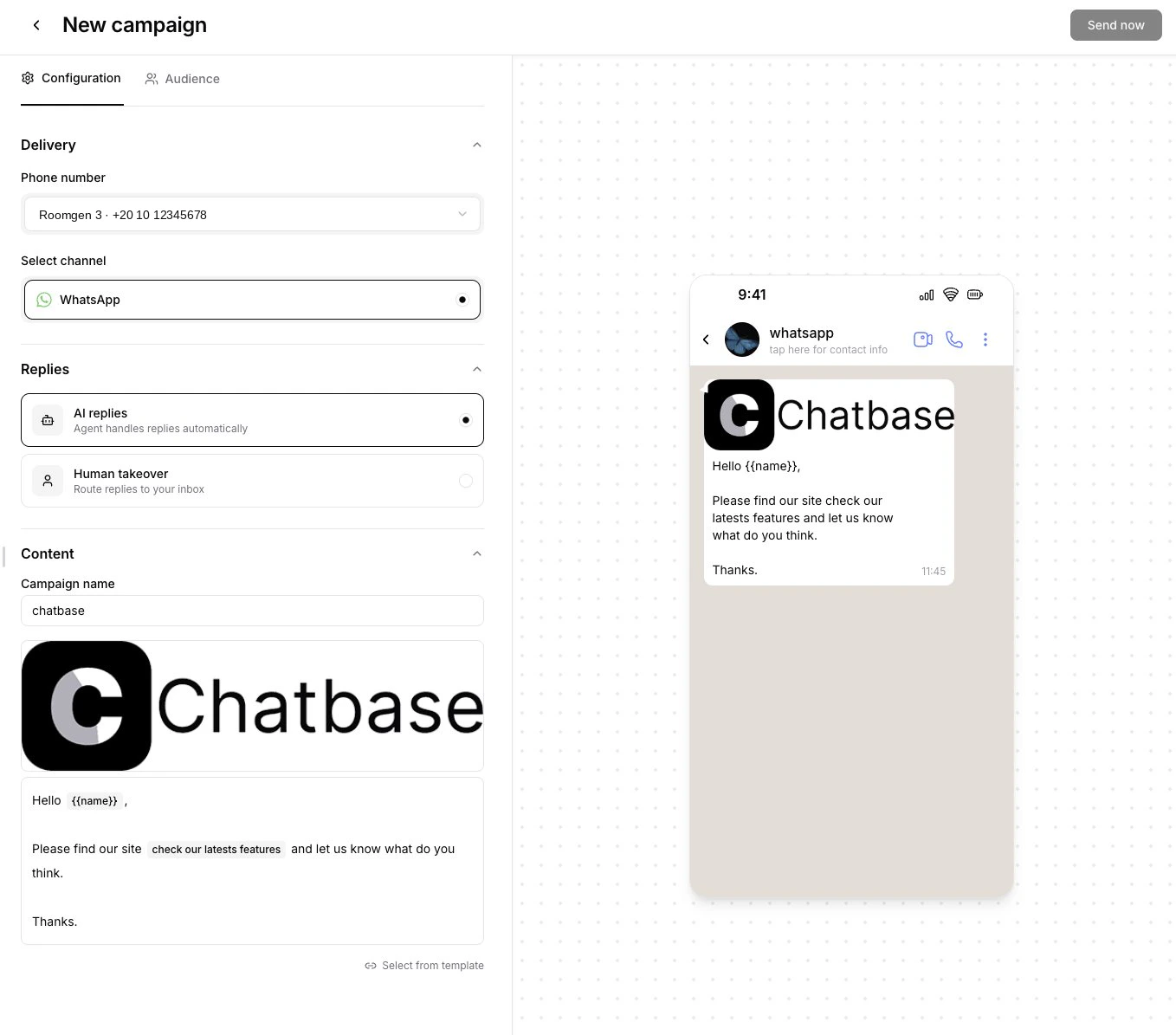 Completed campaign configuration with template selected and message preview