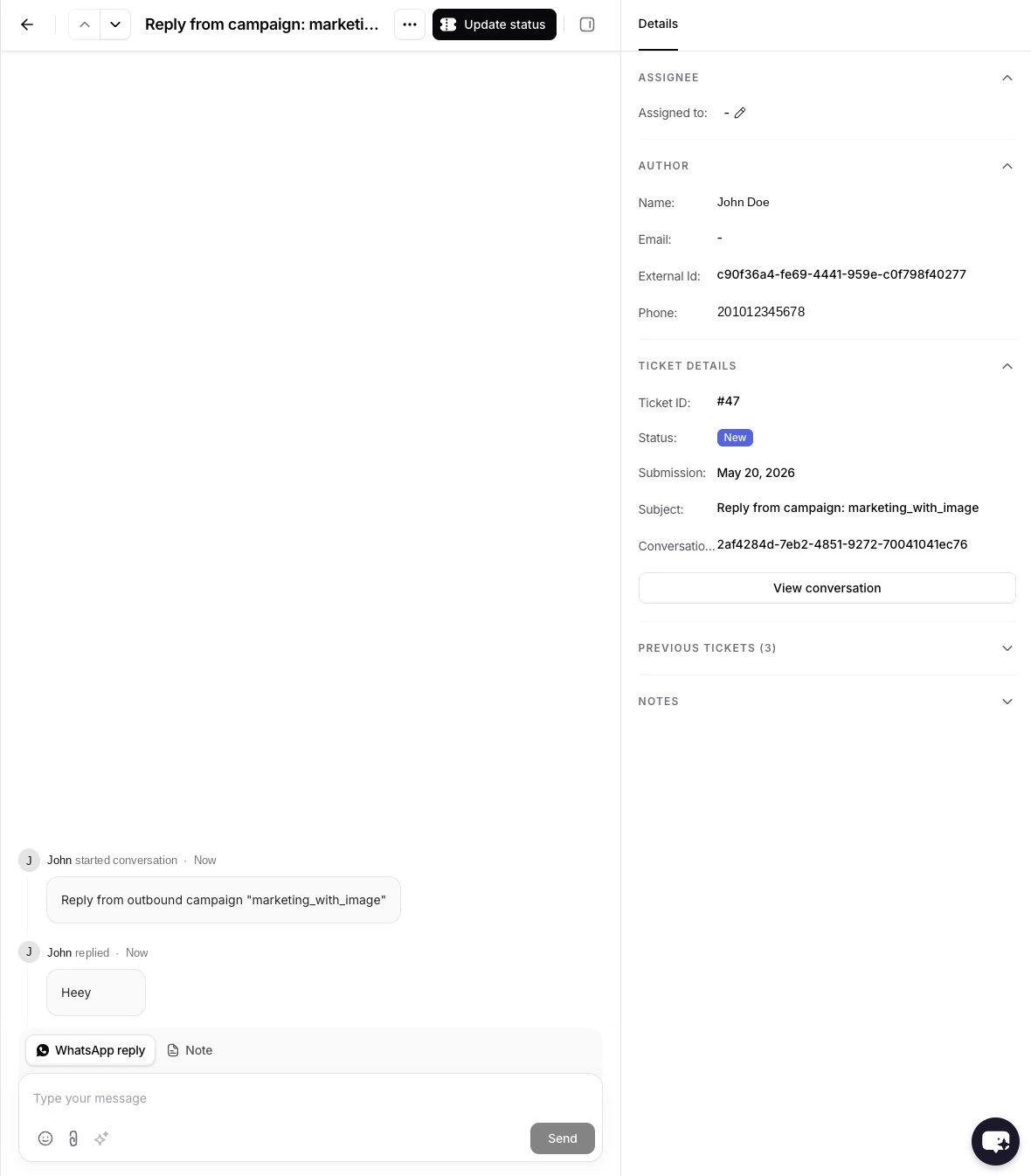 Helpdesk ticket created from a campaign reply, showing the campaign name in the subject and the recipient's message