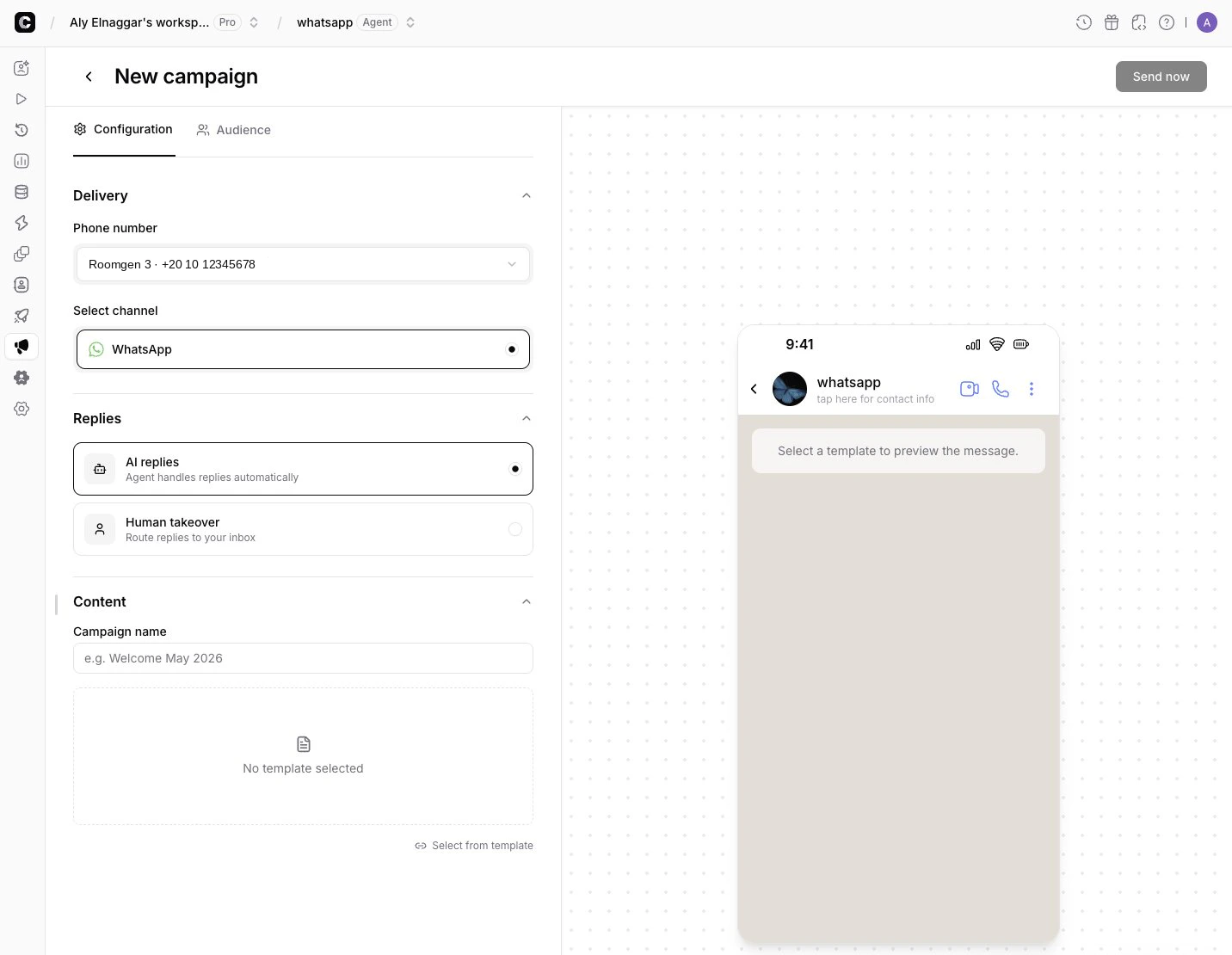 New campaign configuration page showing Delivery, Replies, and Content sections with a message preview