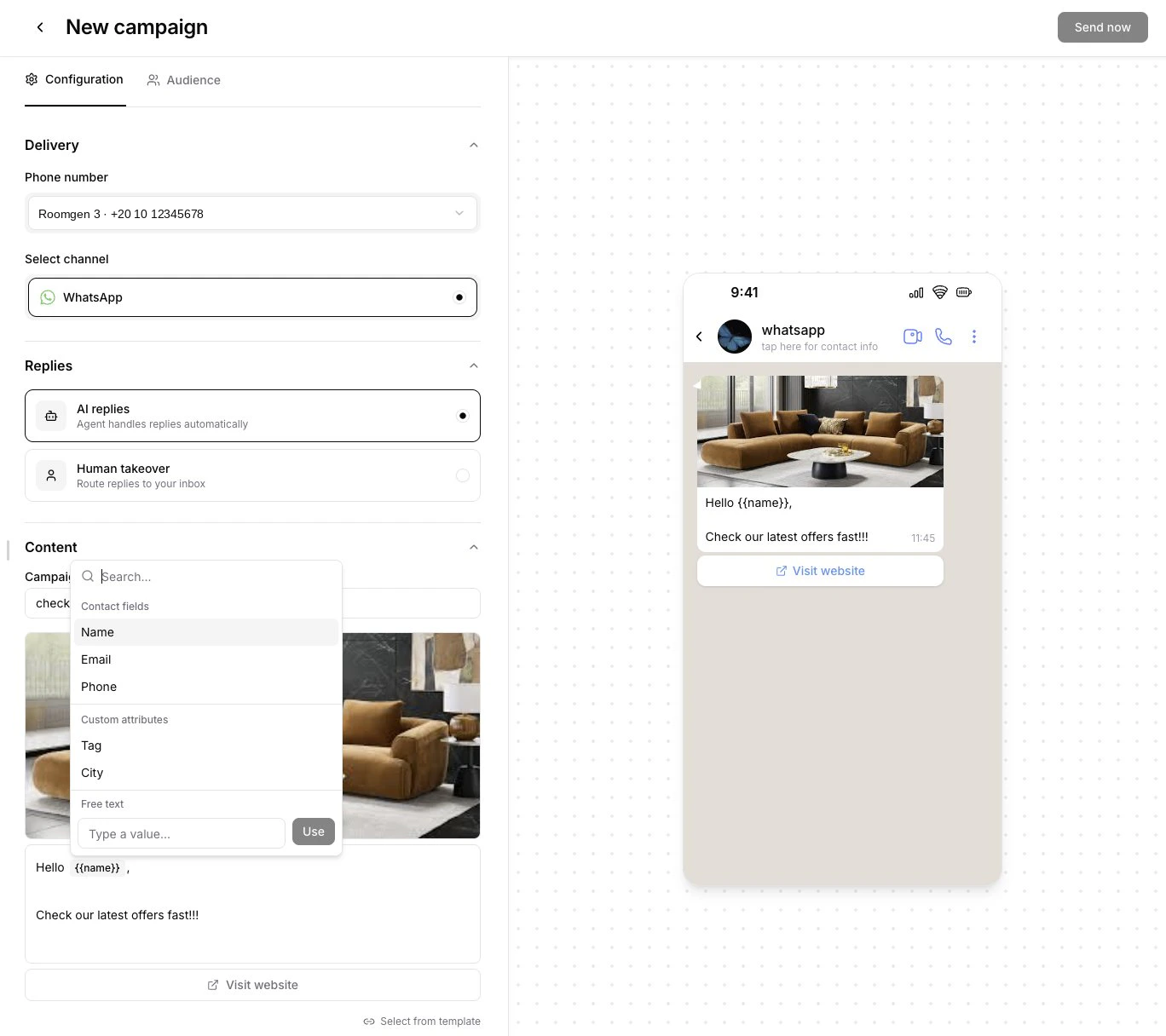 Variable mapping dropdown showing contact fields (Name, Email, Phone), custom attributes (Tag, City), and free text option