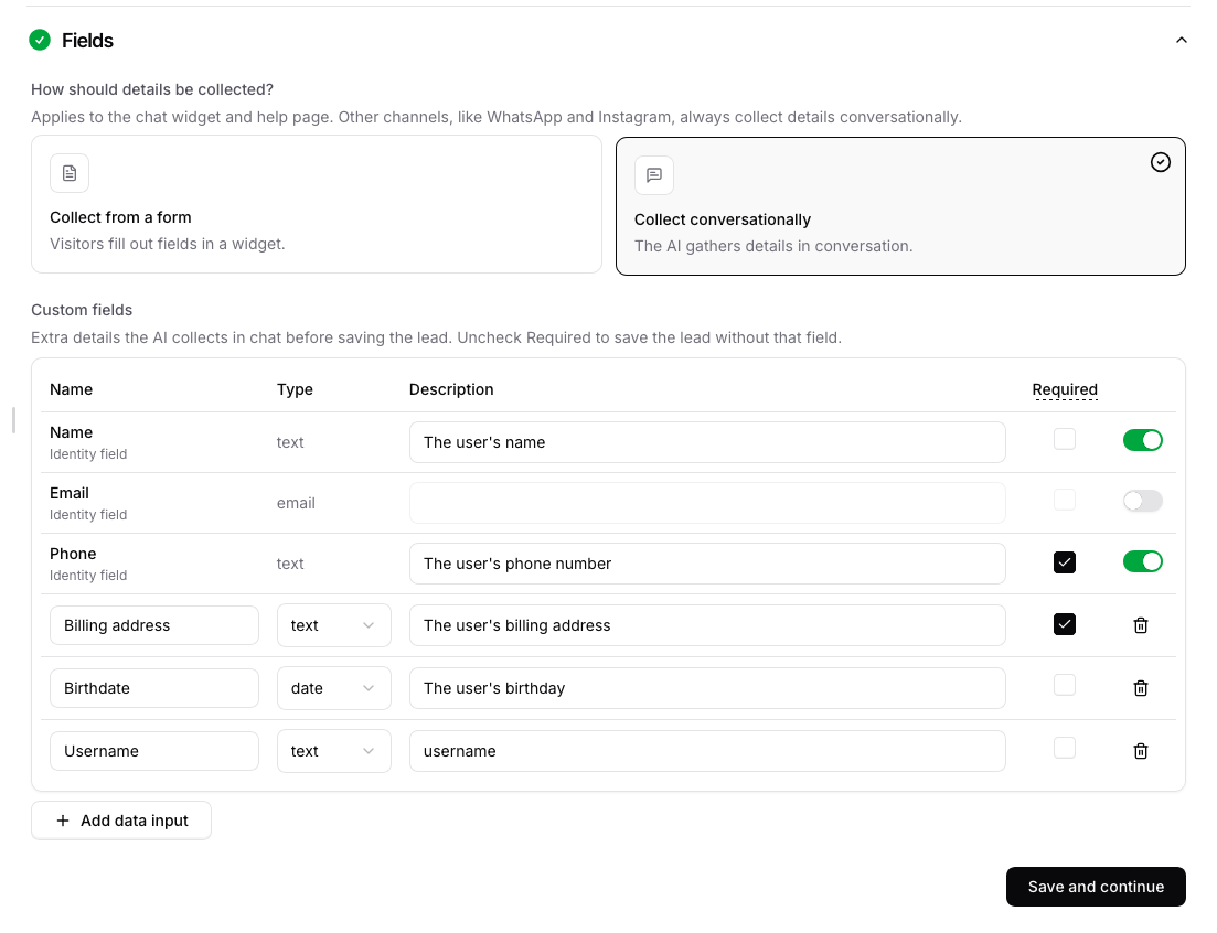 Conversational fields editor with identity and custom fields