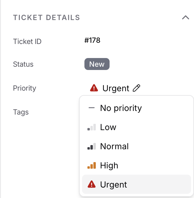 Ticket Details panel with the priority picker open, listing No priority, Low, Normal, High and Urgent each with its icon