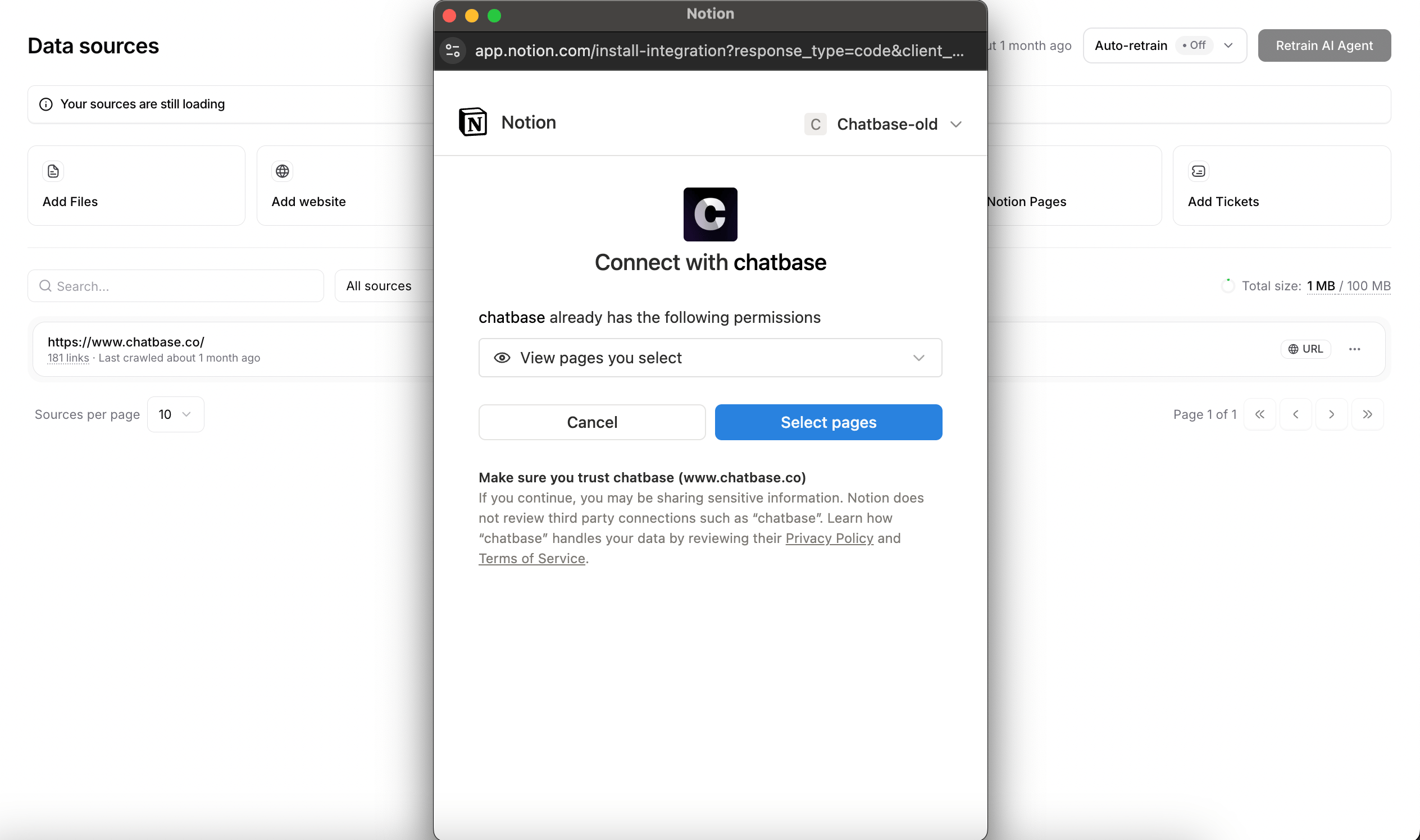 Data sources page with the Add Notion Pages dialog open