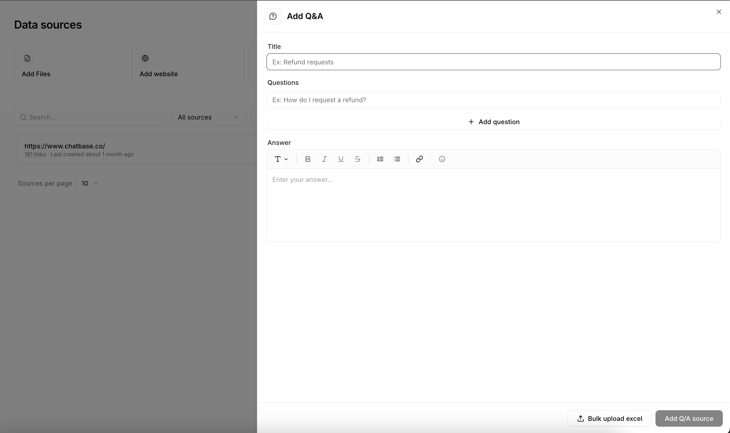Data sources page with the Add Q&A’s dialog open