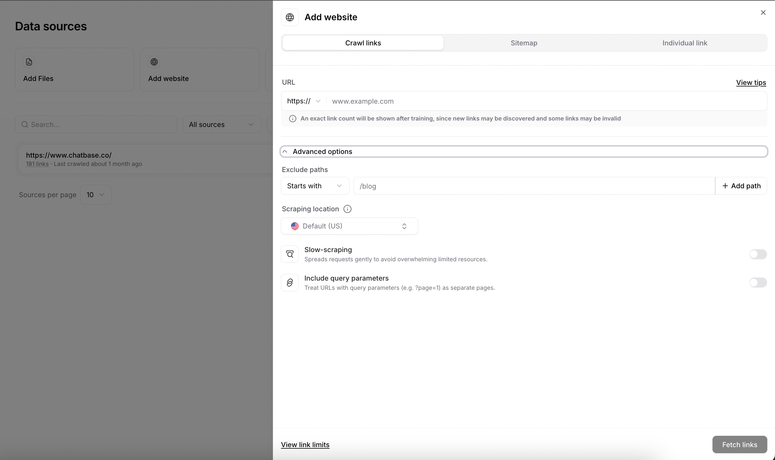 Data sources page with the Add website dialog open