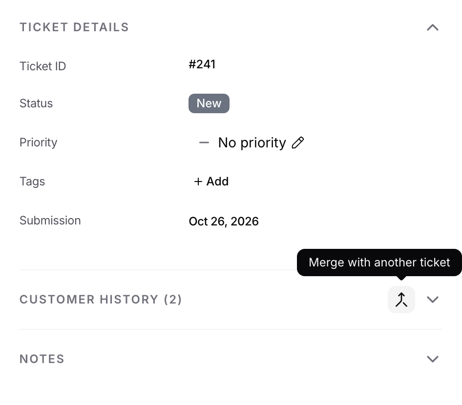 Ticket details panel with the merge icon in the Customer History header and its tooltip showing