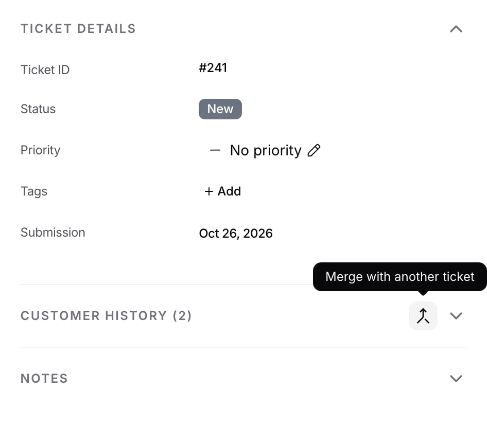 Ticket details panel with the merge icon in the Customer History header and its tooltip showing