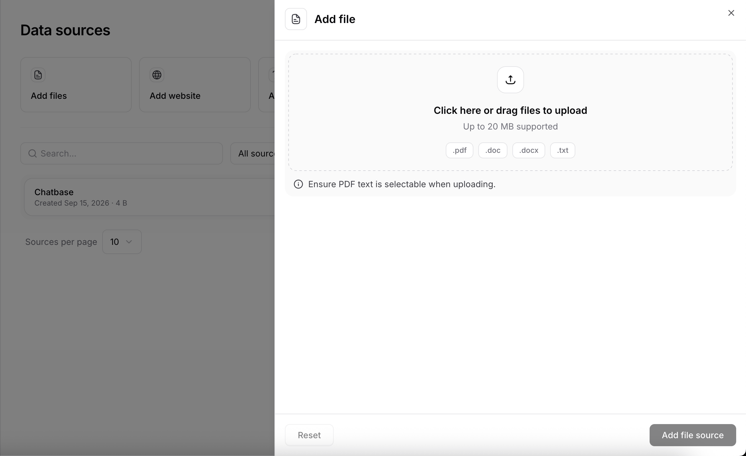 Add file panel with drag-and-drop upload area