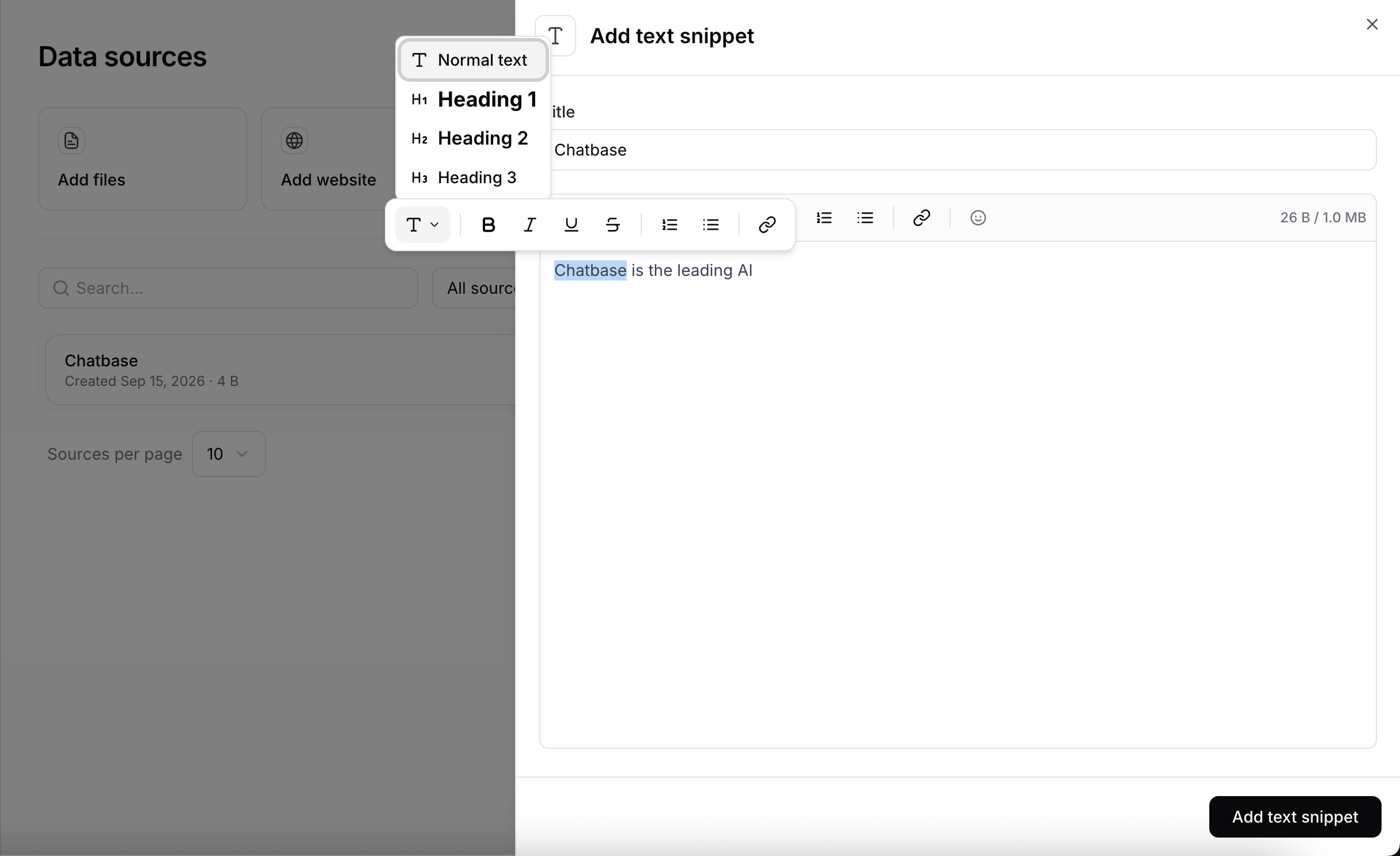 Add text snippet panel with the formatting toolbar and heading menu open