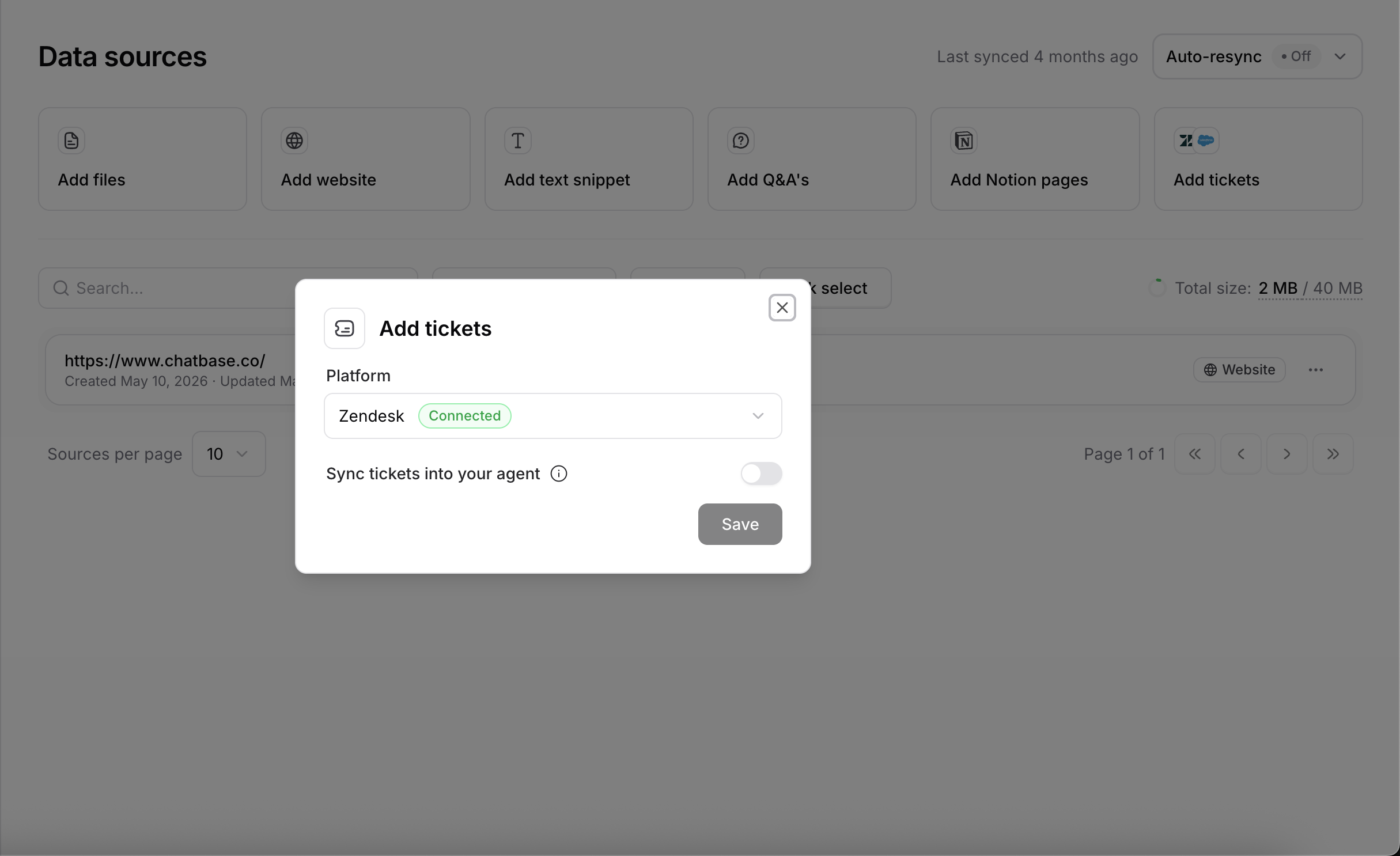 Add tickets dialog with the Platform dropdown and the Sync tickets into your AI agent toggle