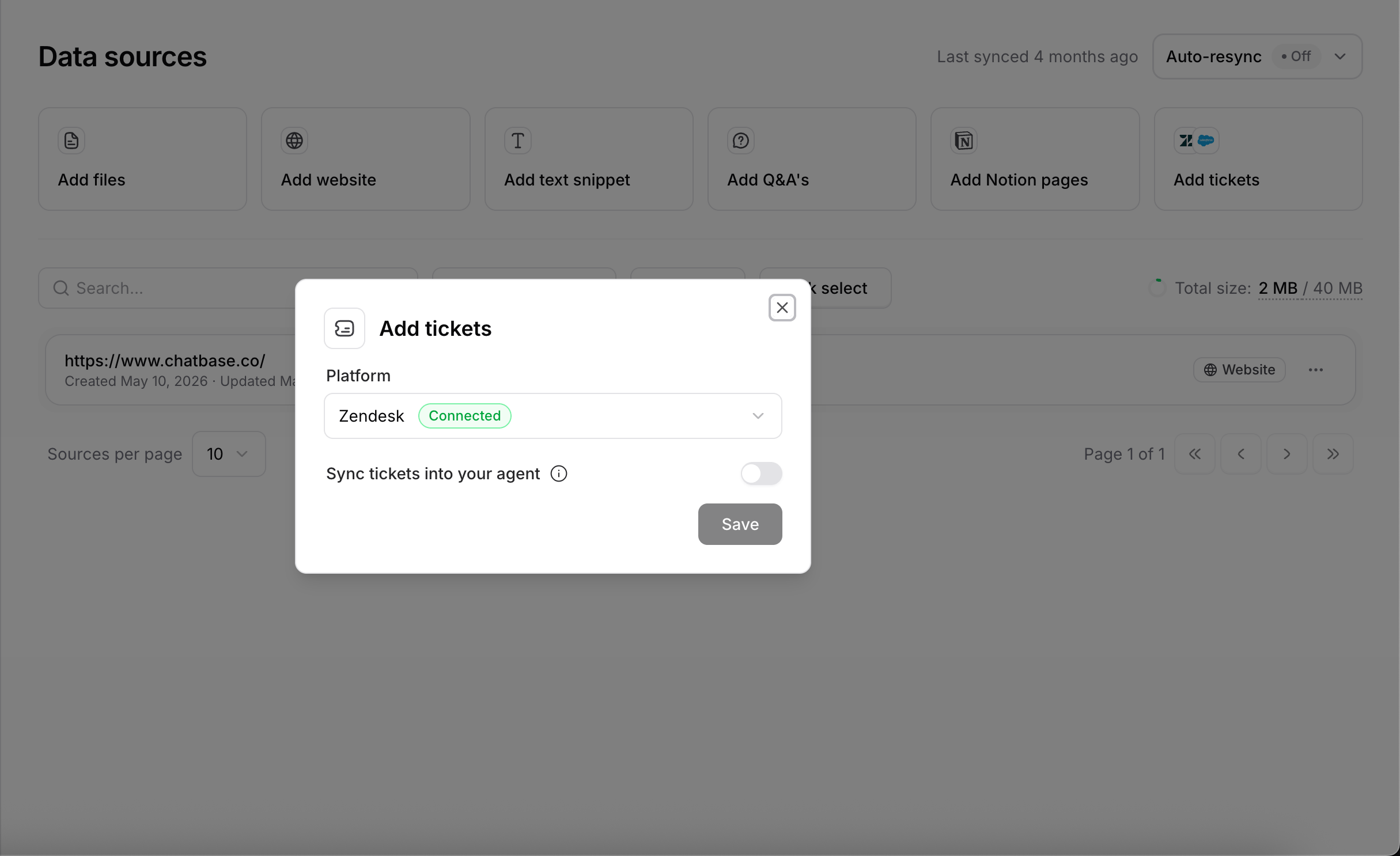 Add tickets dialog with the Platform dropdown and the Sync tickets into your AI agent toggle