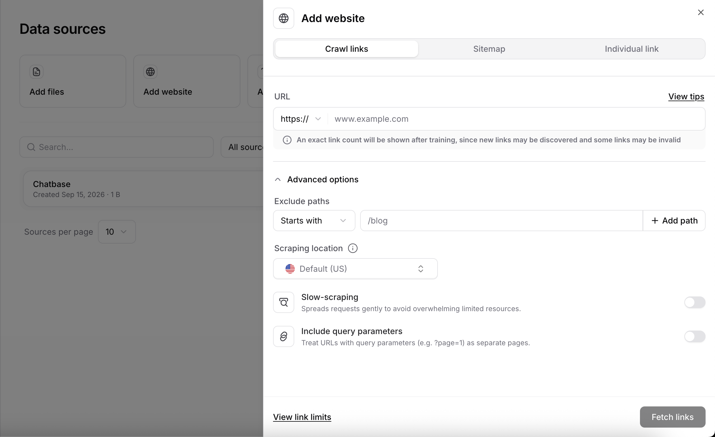 Add website panel with the Crawl links tab and Advanced options expanded