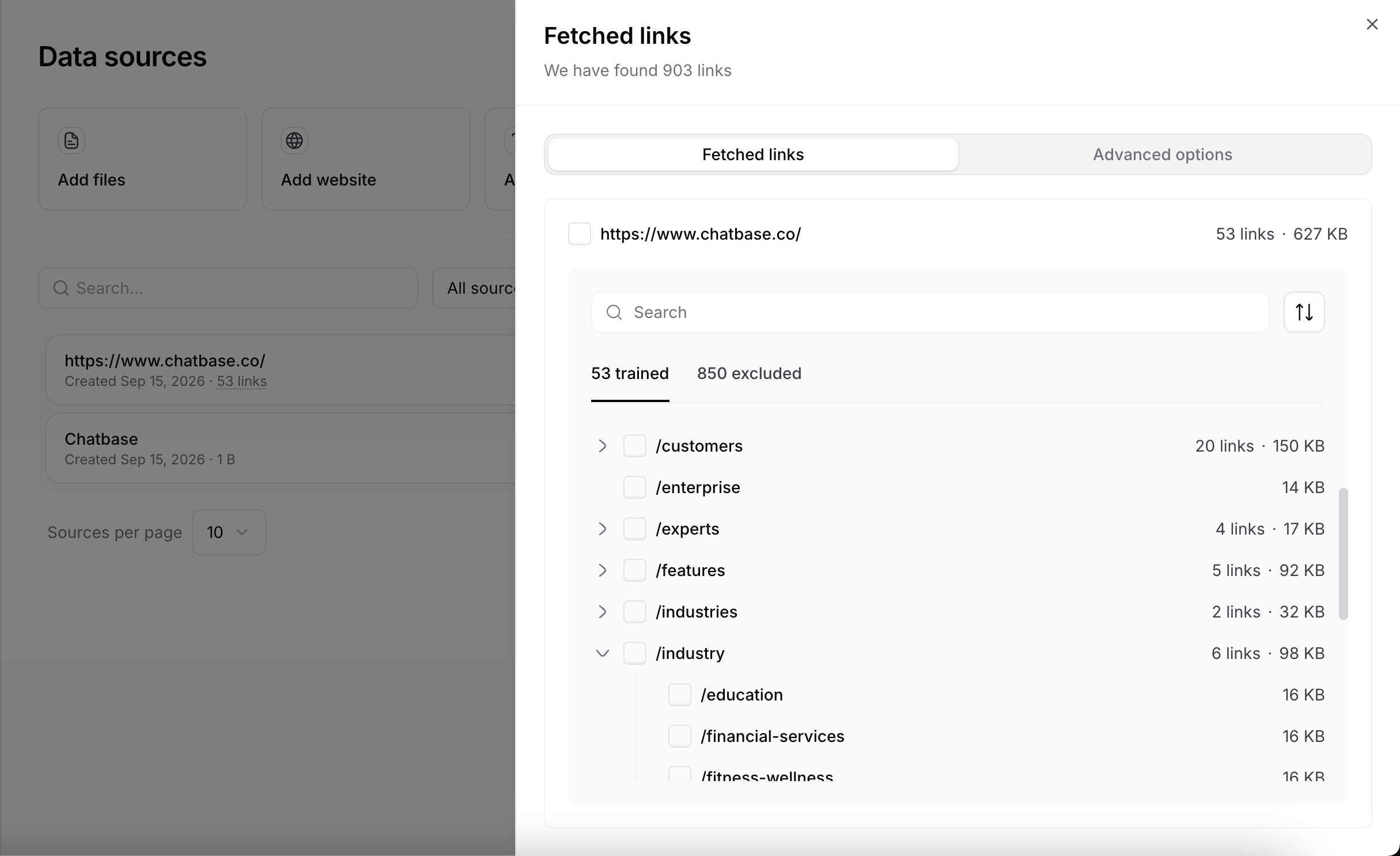 Fetched links tab with trained and excluded links grouped by path and a folder expanded