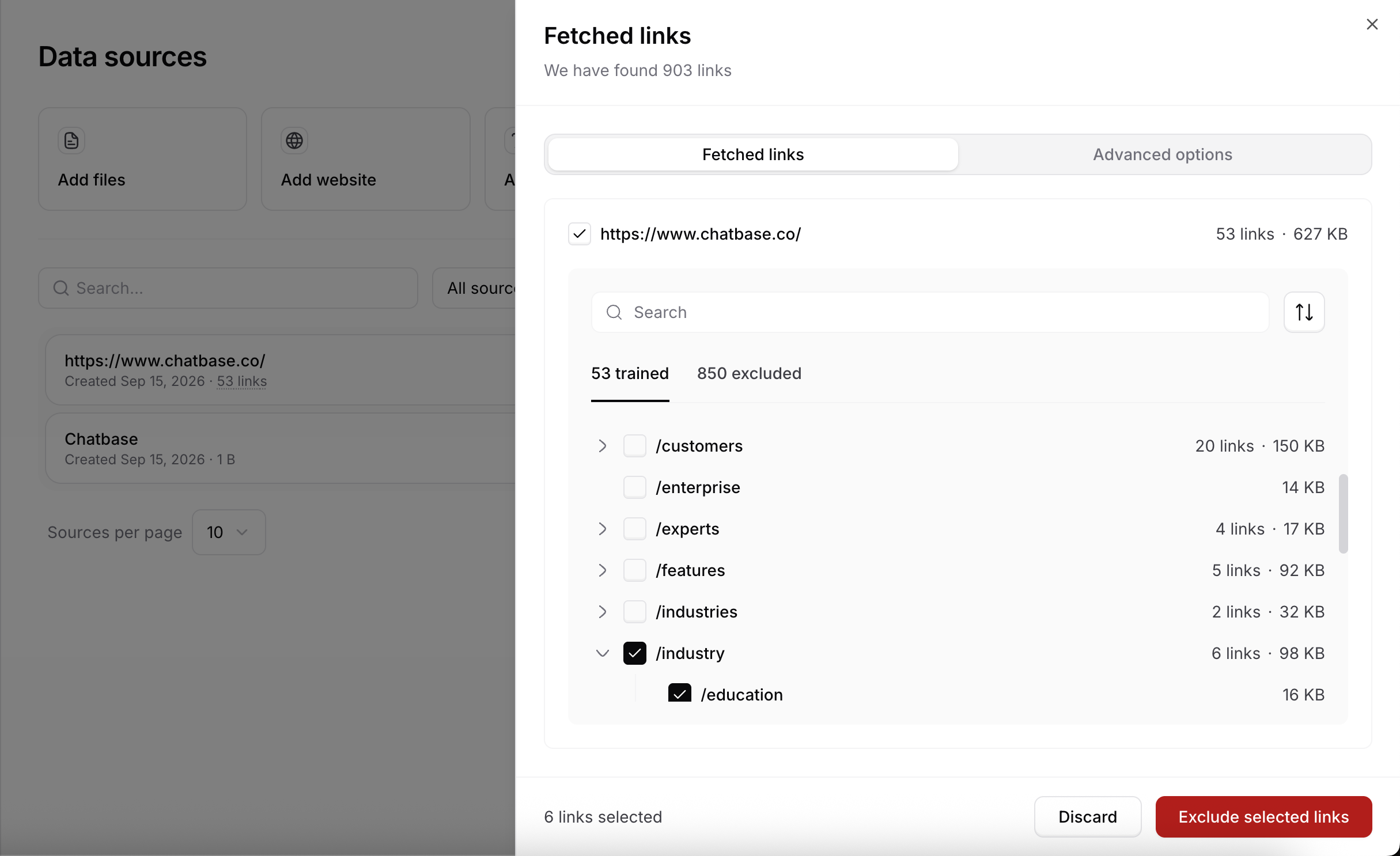 Selected pages in the Trained tab with the Exclude selected links button
