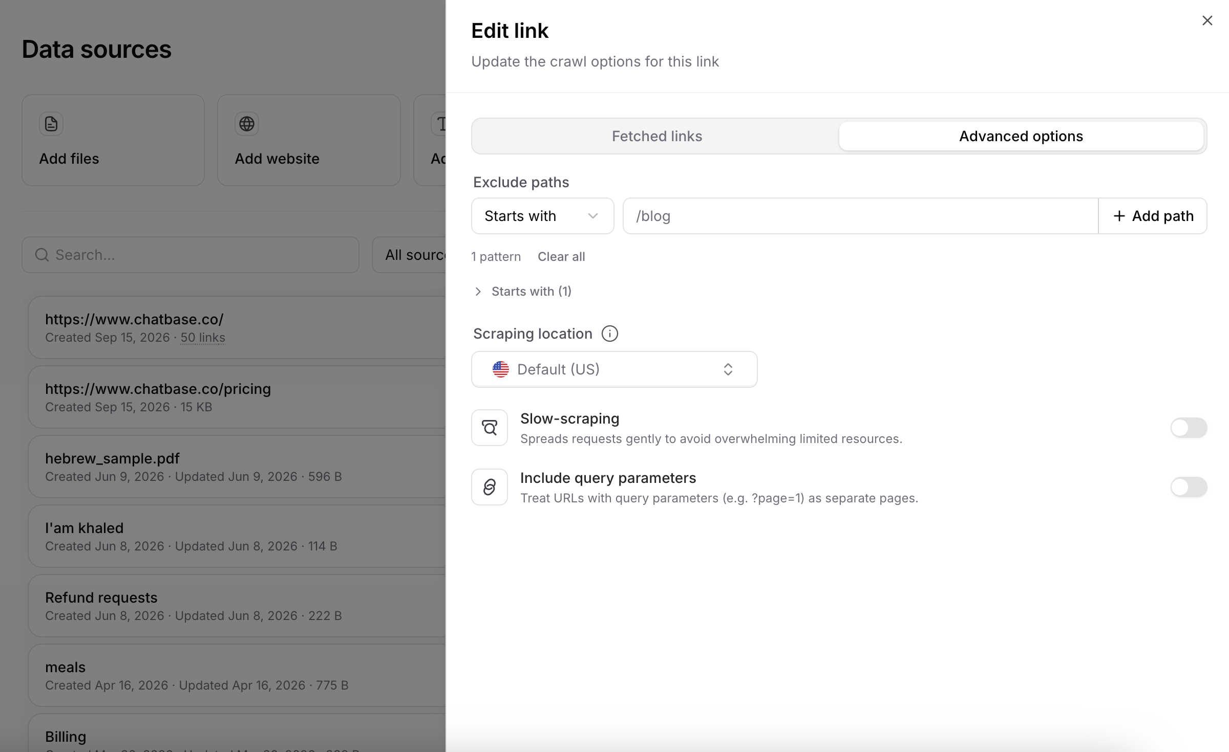 Advanced options tab with exclude paths, scraping location, slow-scraping, and include query parameters