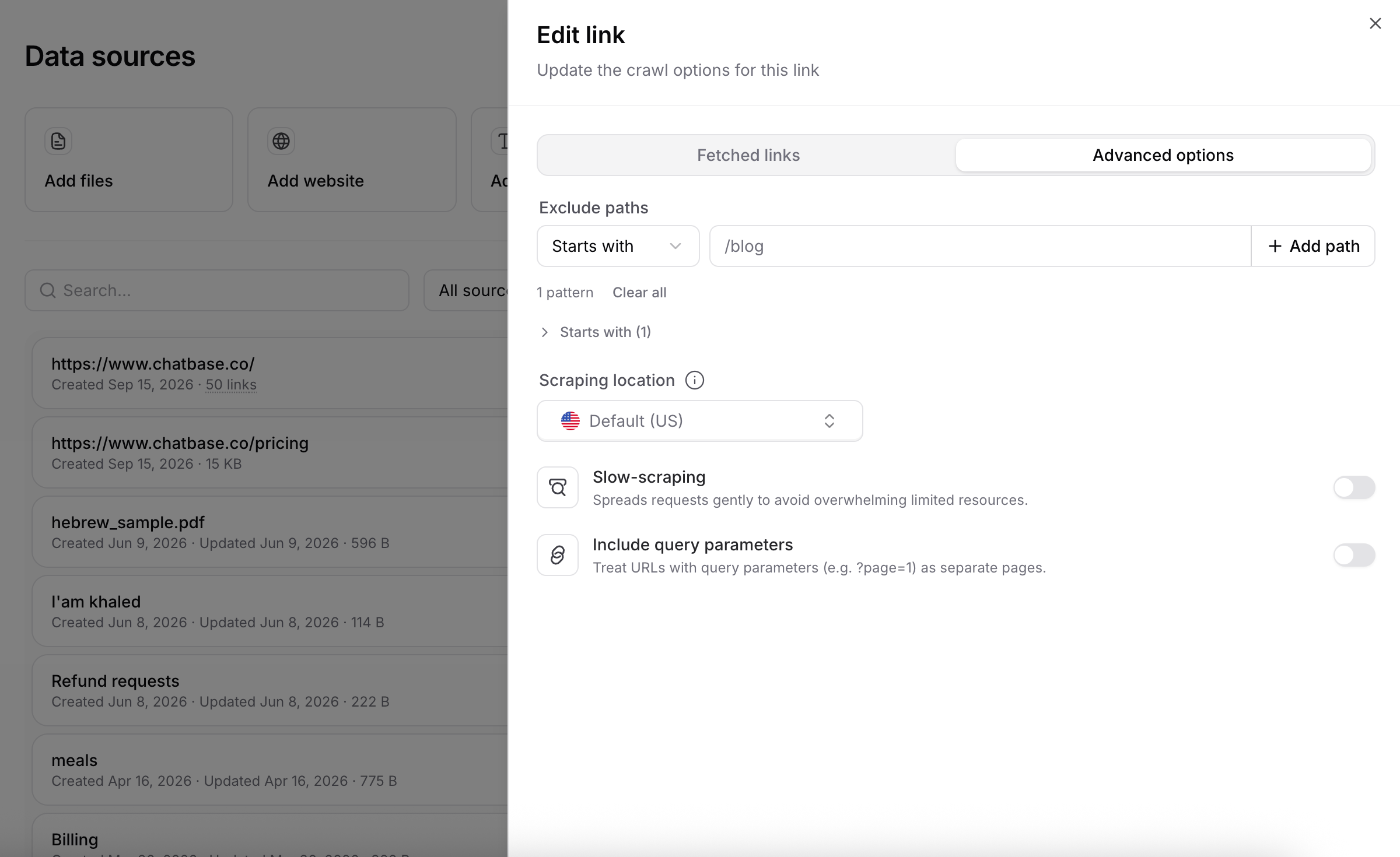 Advanced options tab with exclude paths, scraping location, slow-scraping, and include query parameters