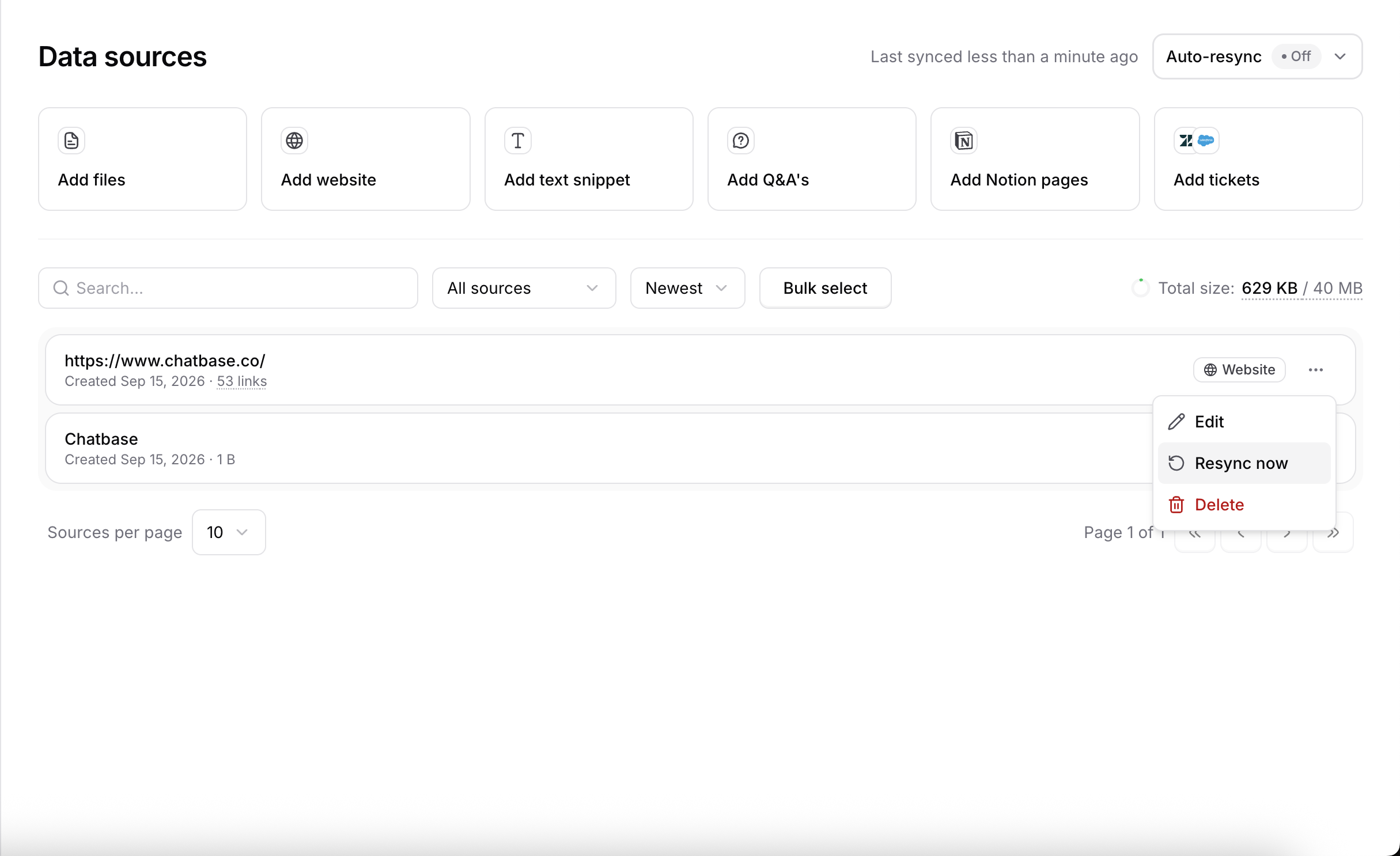 Three-dots menu on a website source with Edit, Resync now, and Delete