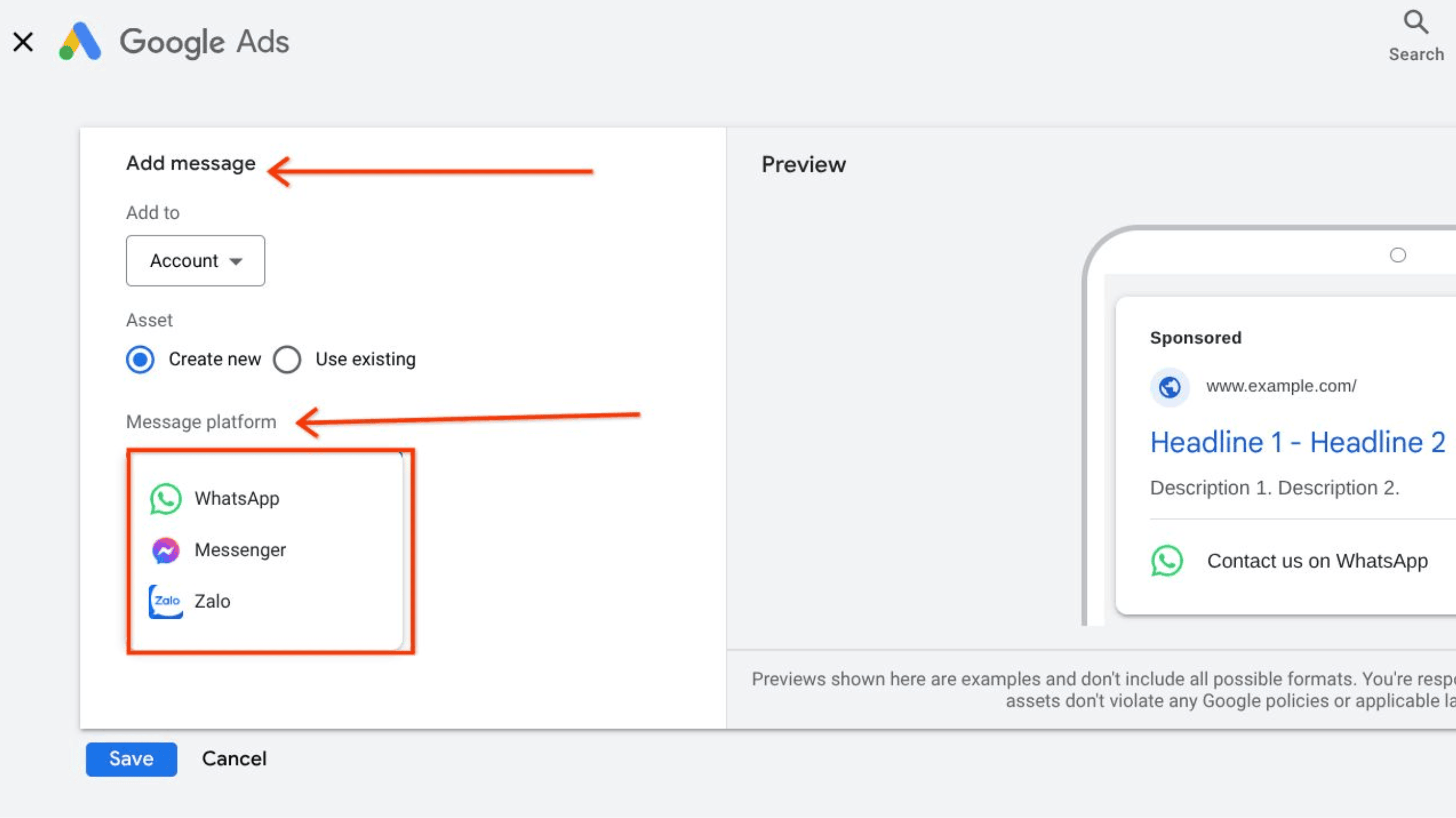 Select Messenger or Zalo as the message platform in Google Ads