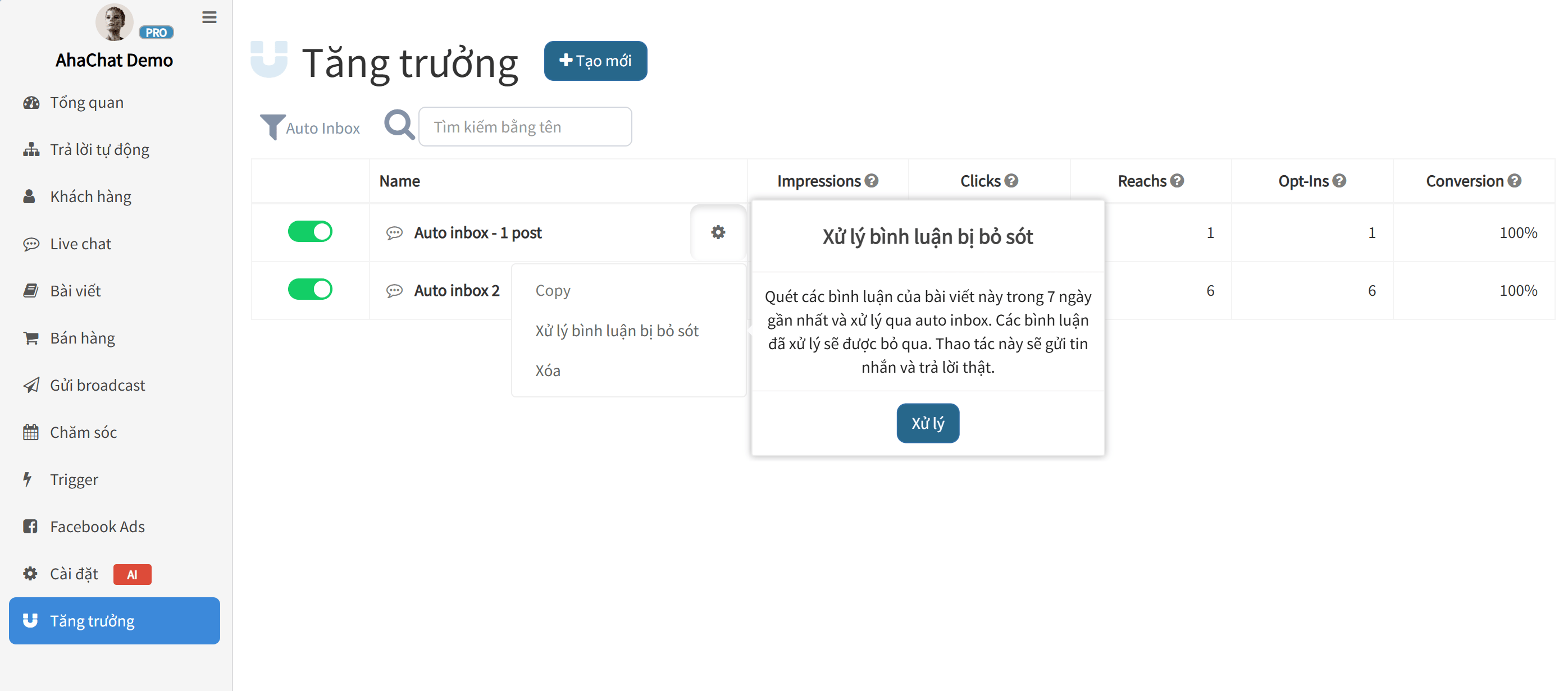Ahachat Auto Inbox Xu Ly Binh Luan Bi Bo Sot Modal