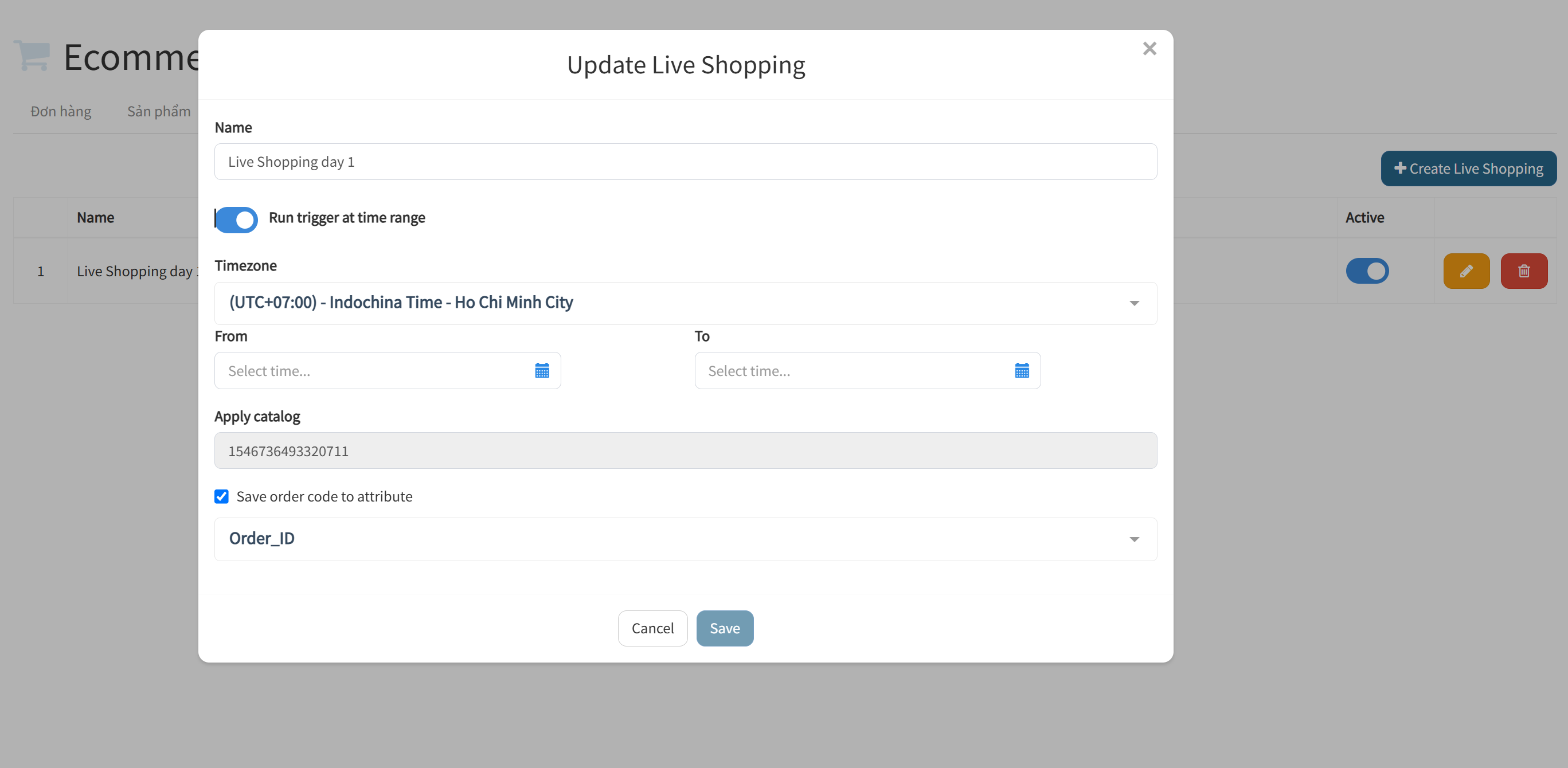 Create Live Shopping Modal Config