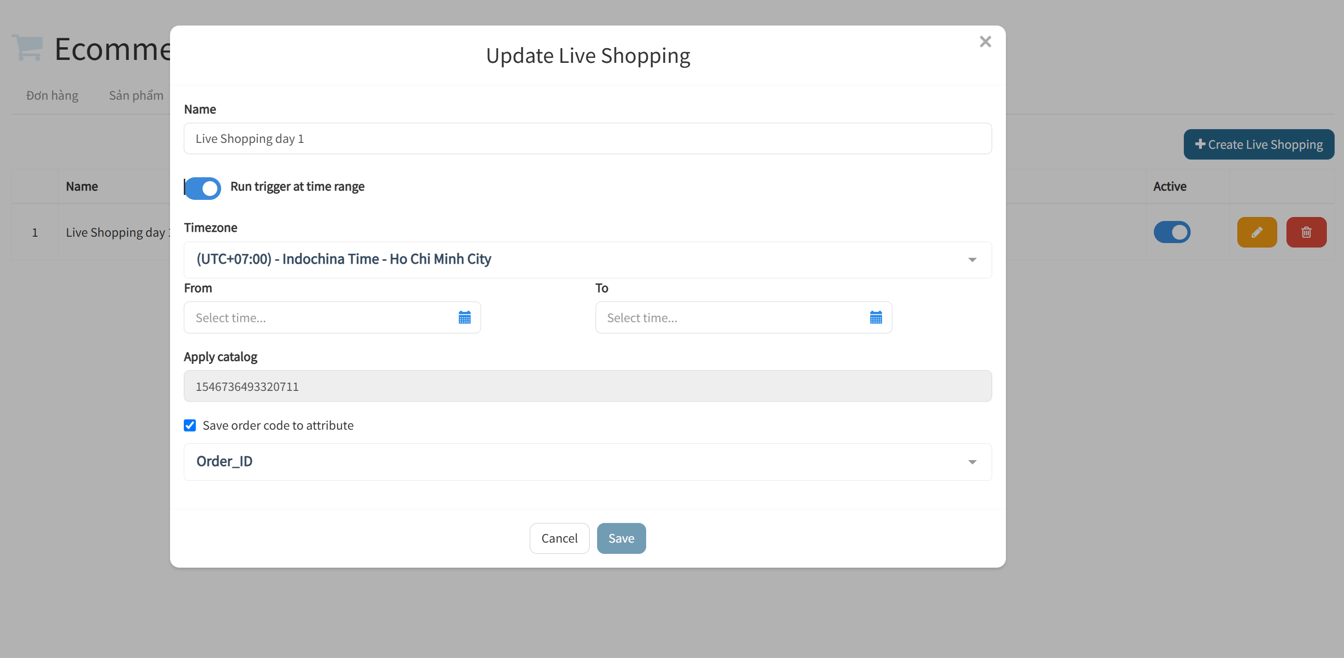 Create Live Shopping Modal Config
