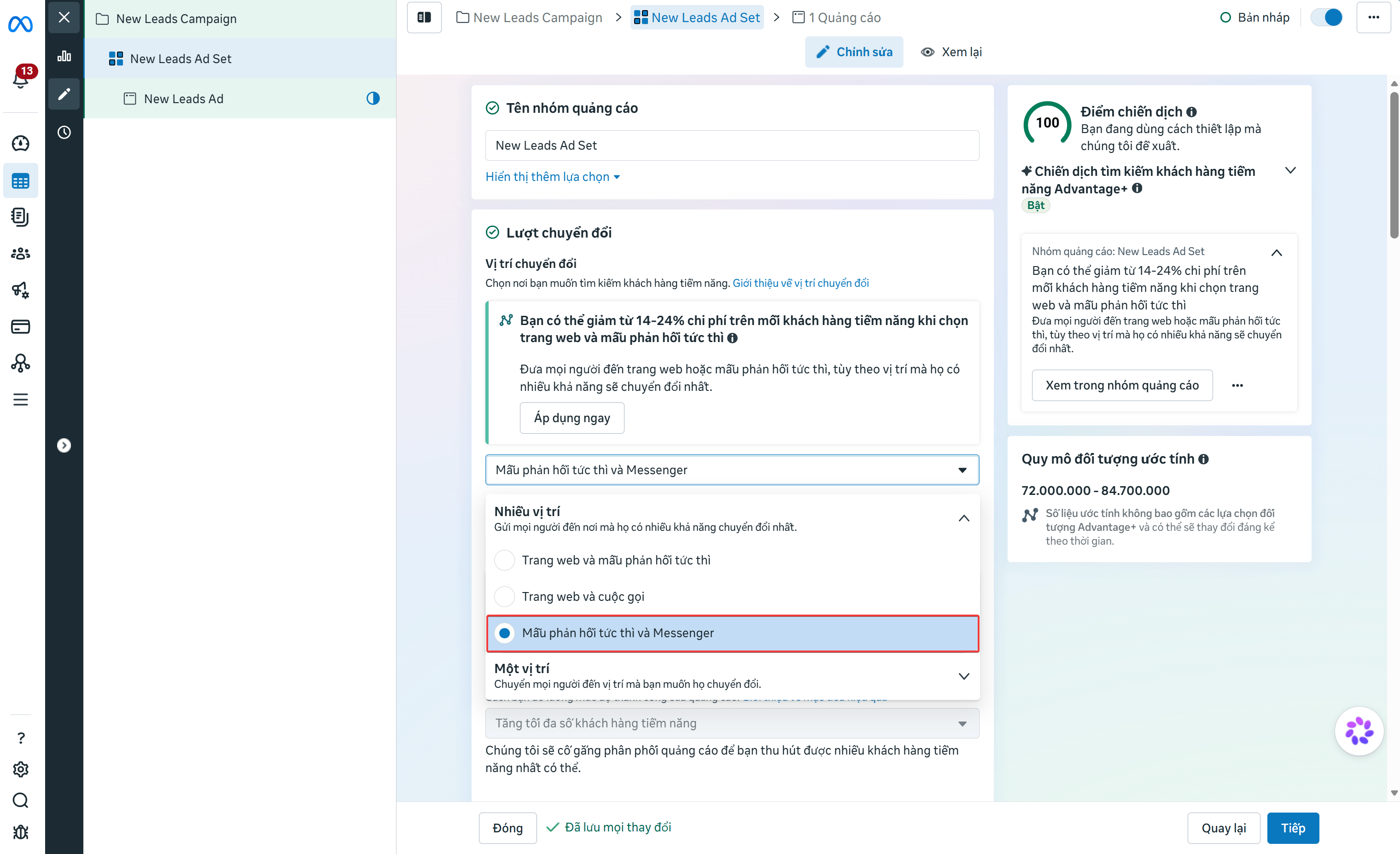 Select Instant Forms and Messenger Conversion Location