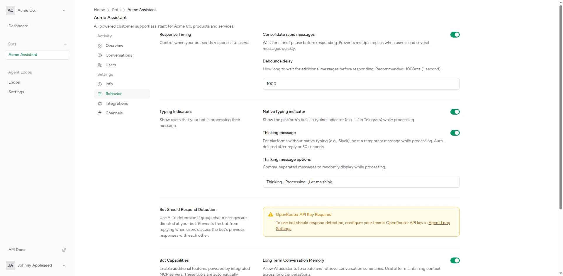 Behavior settings page