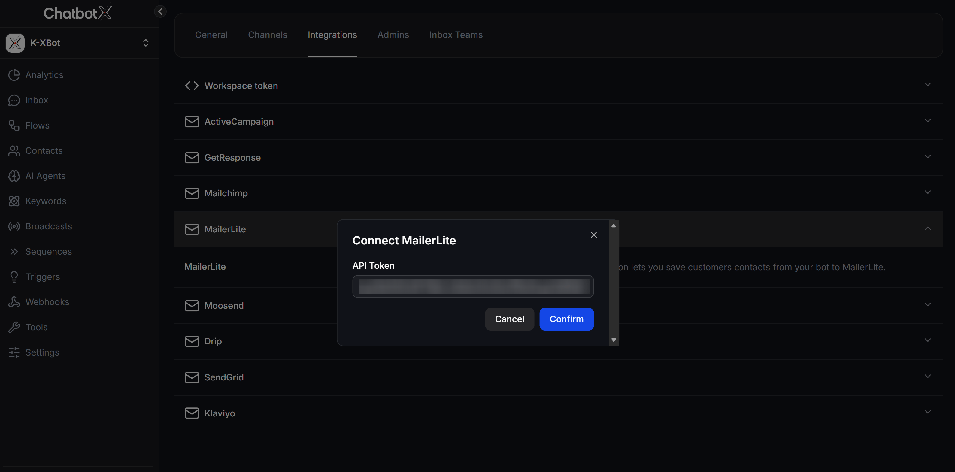 Connect MailerLite in ChatbotX Integrations
