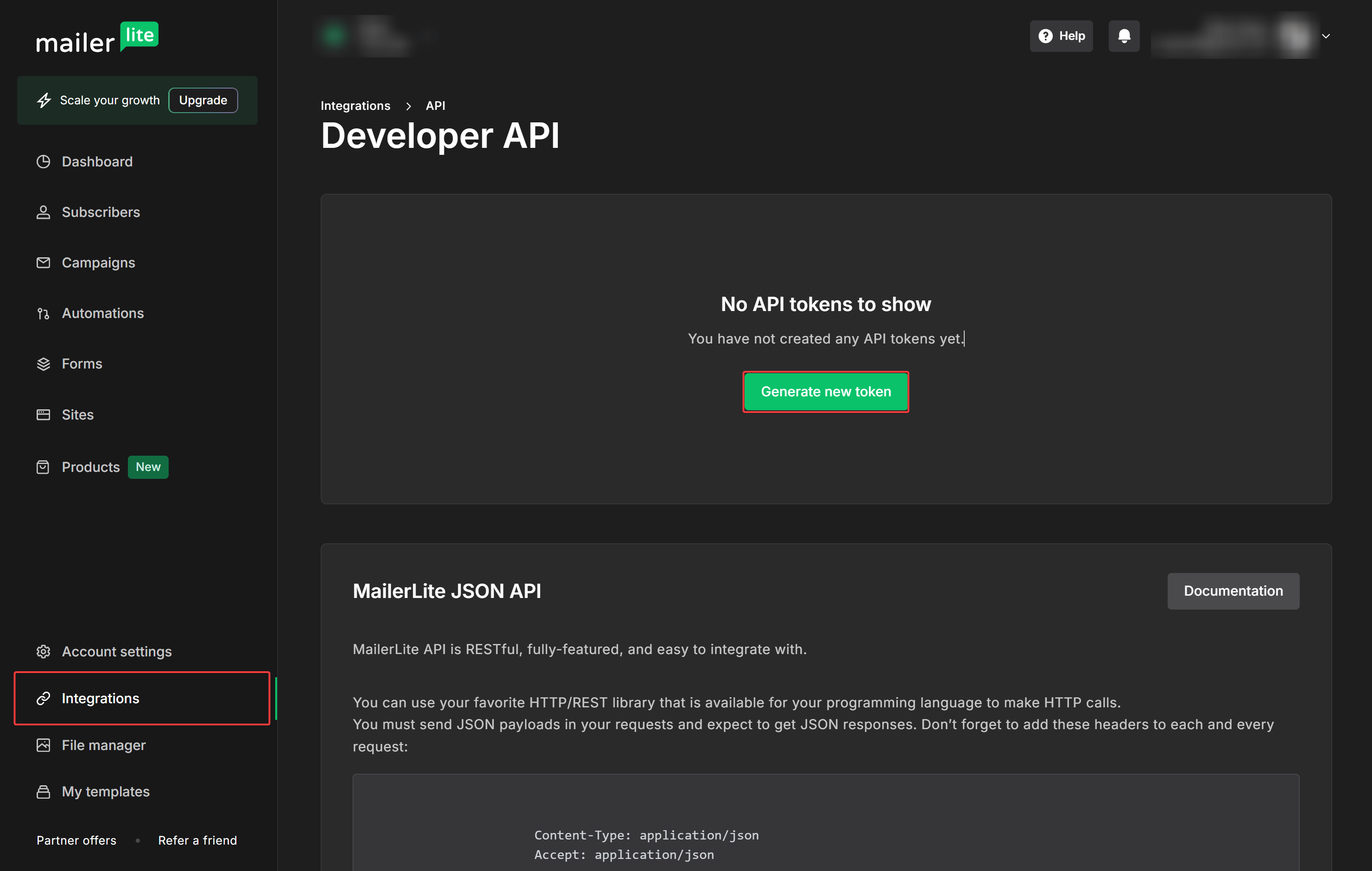 MailerLite Developer API Token Settings