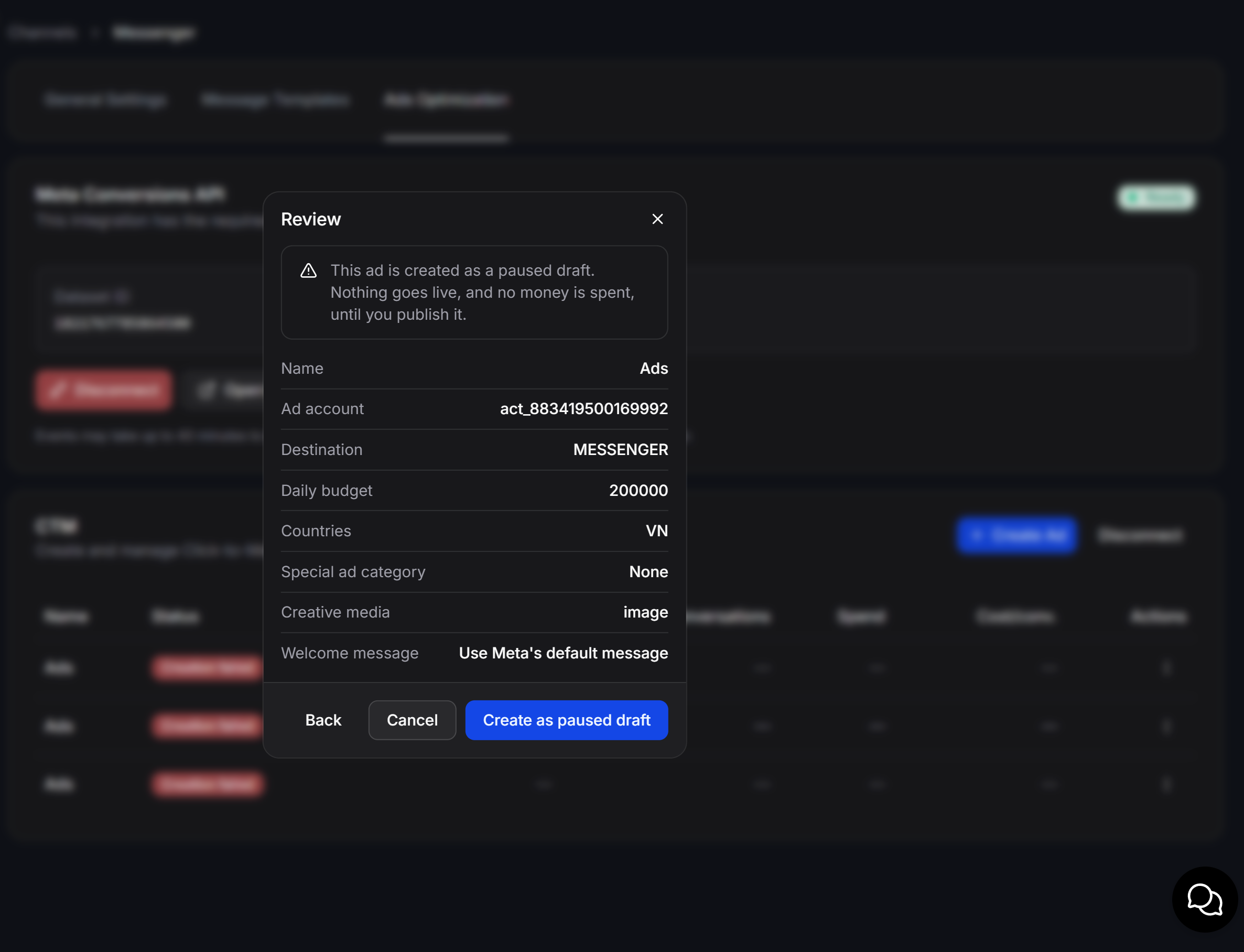 Messaging Ads Step4 Review Paused Draft