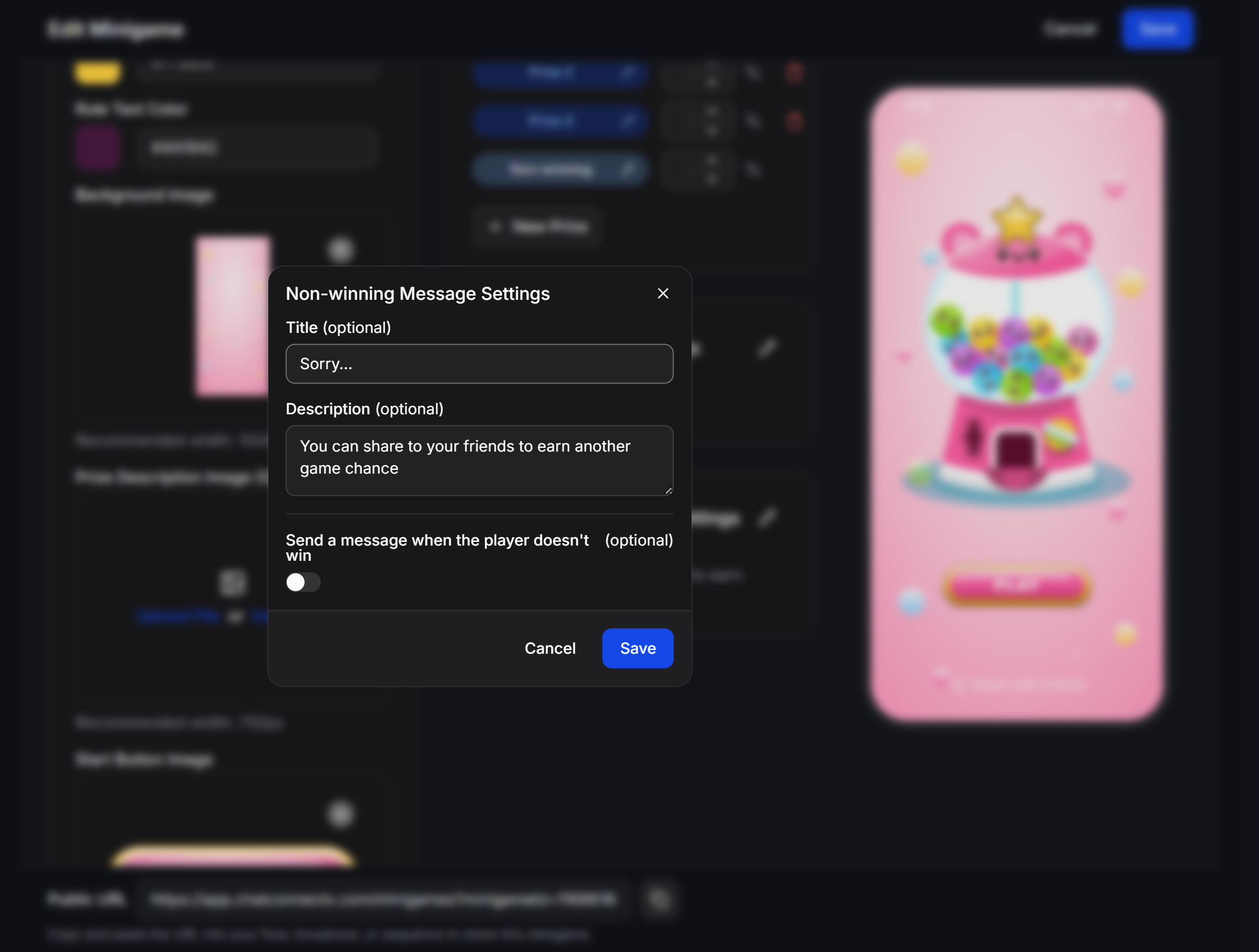 Gashapon Non Winning Message Settings Modal