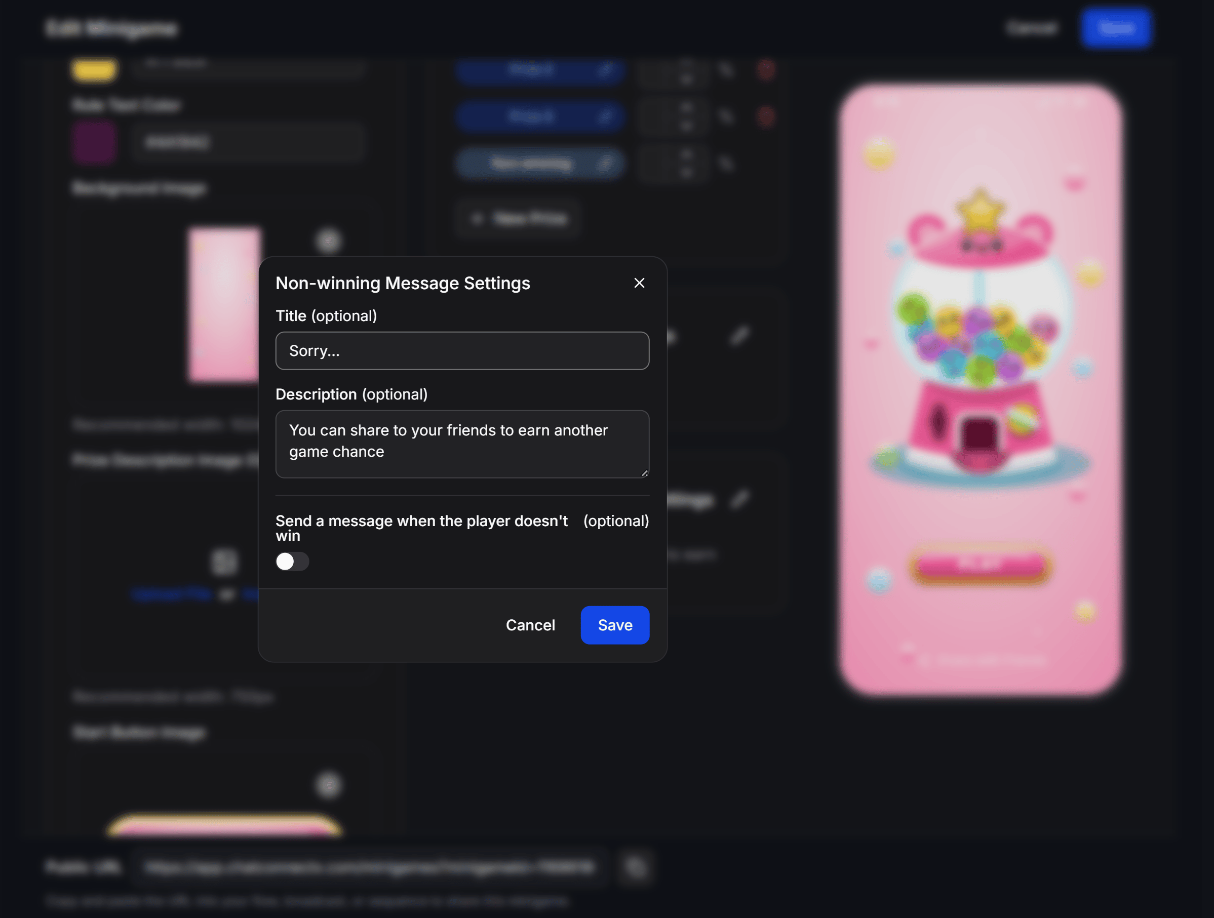 Gashapon Non Winning Message Settings Modal
