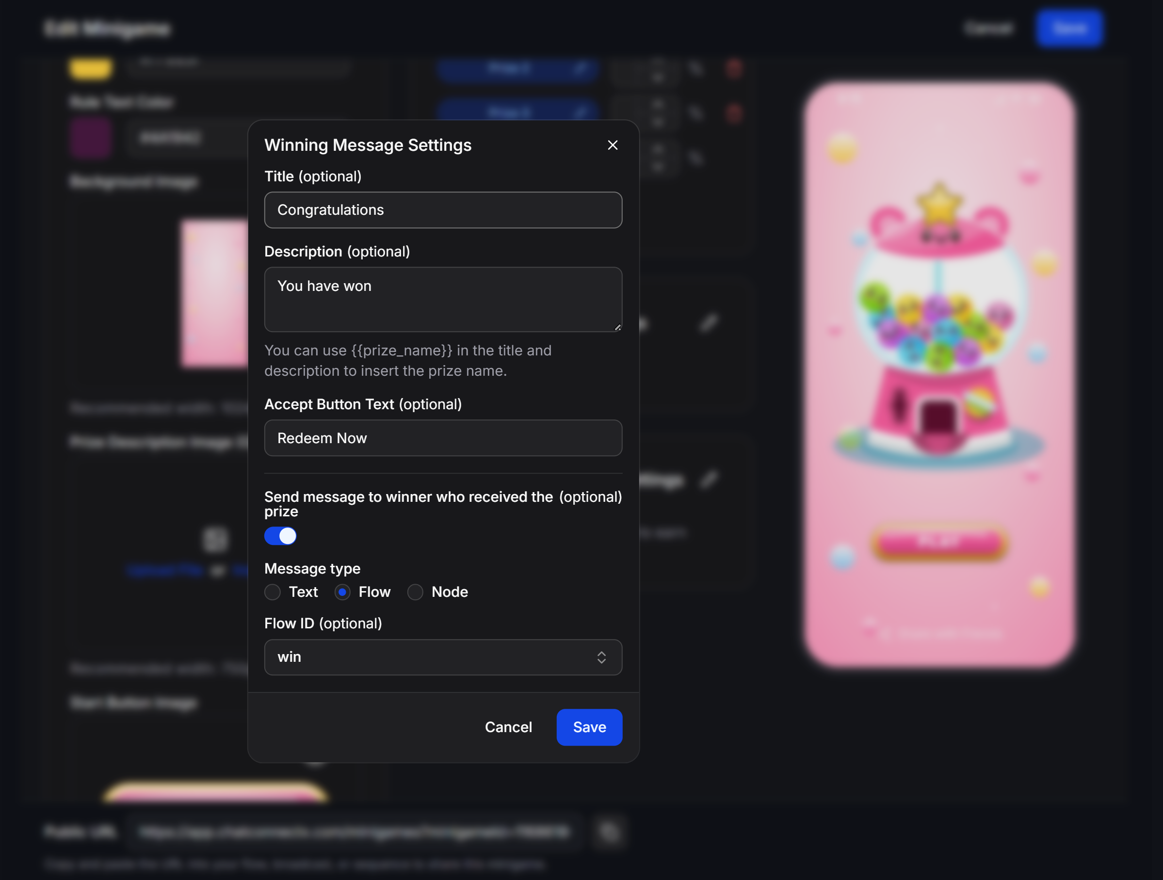 Gashapon Winning Message Settings Modal