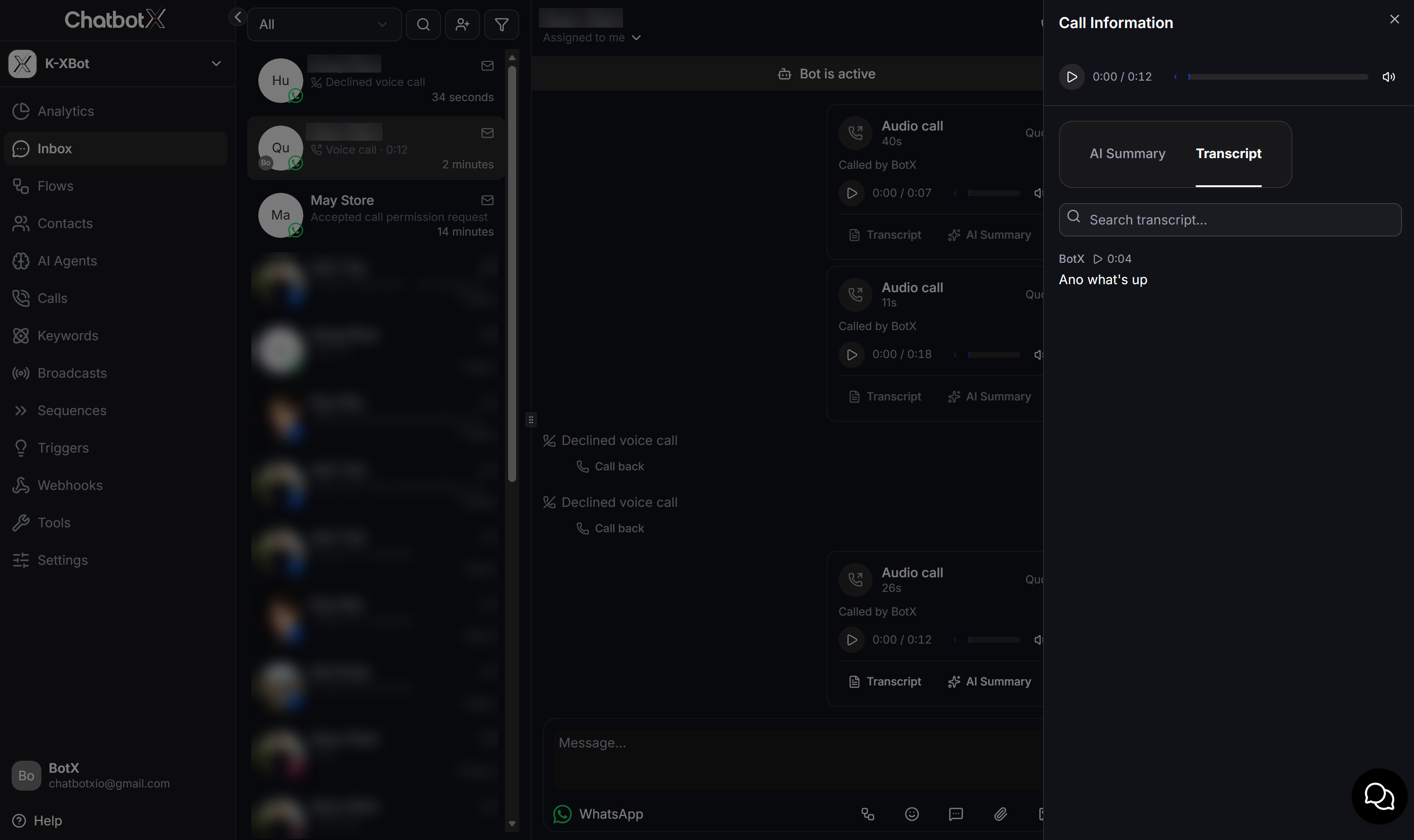 Chatbotx Whatsapp Inbox Call Information Transcript Drawer