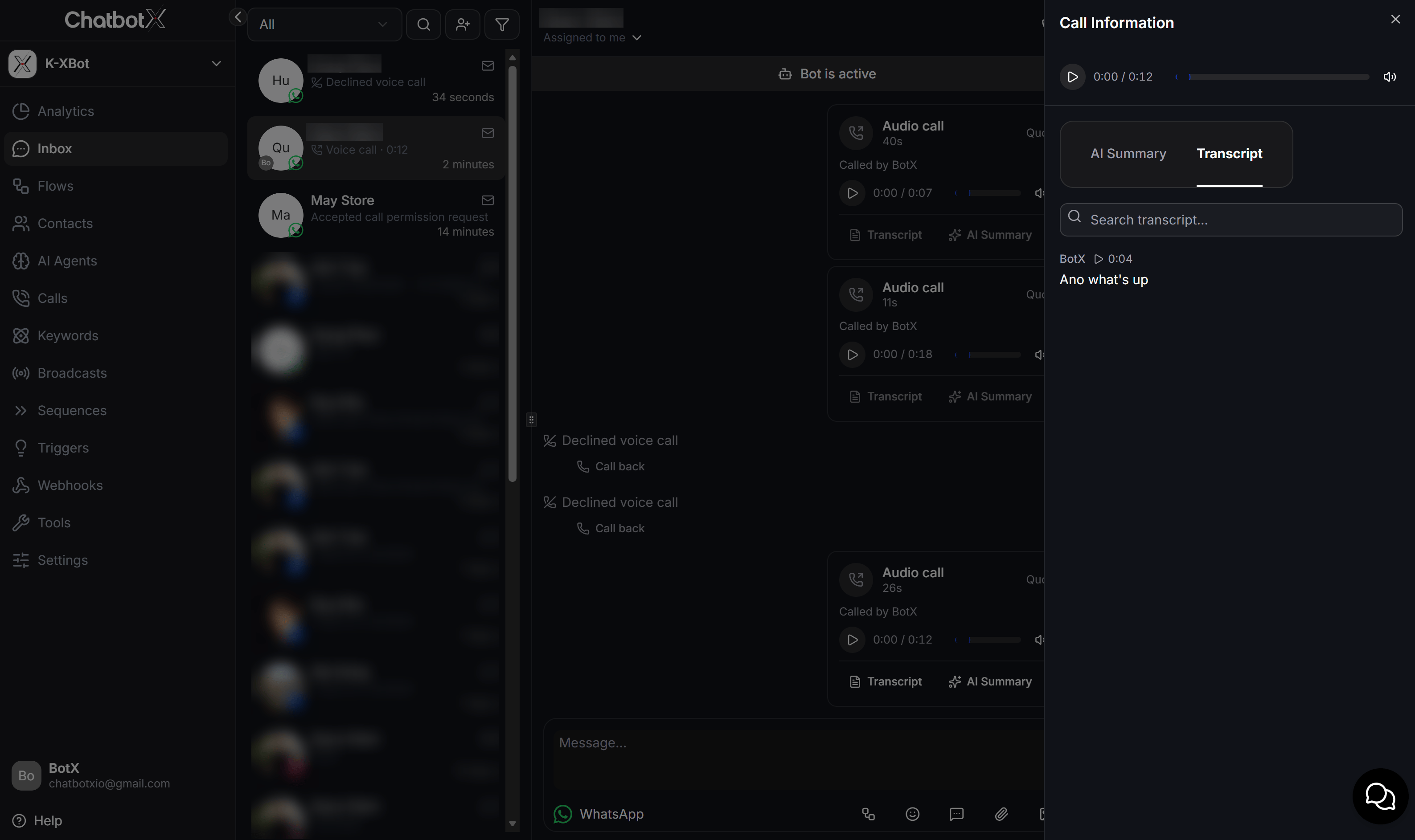 Chatbotx Whatsapp Inbox Call Information Transcript Drawer