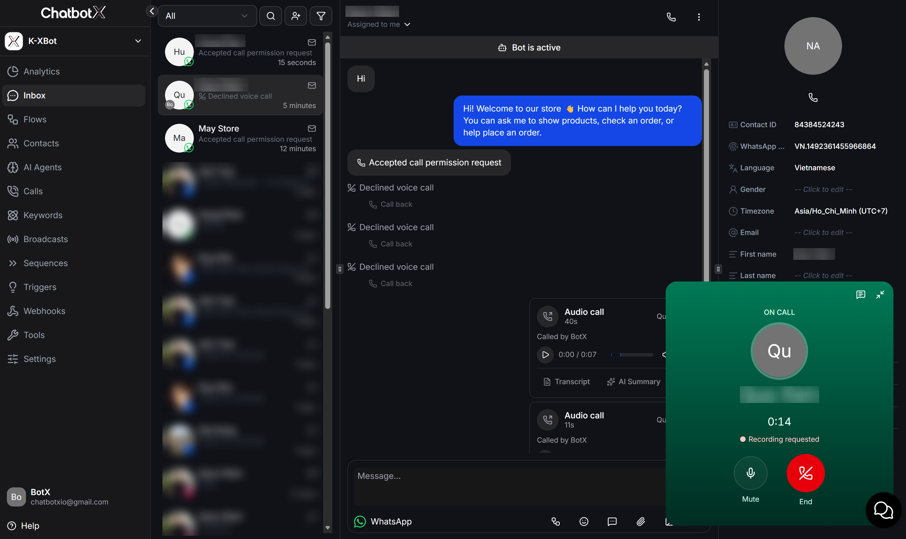 Chatbotx Whatsapp Inbox Floating Call Widget On Call