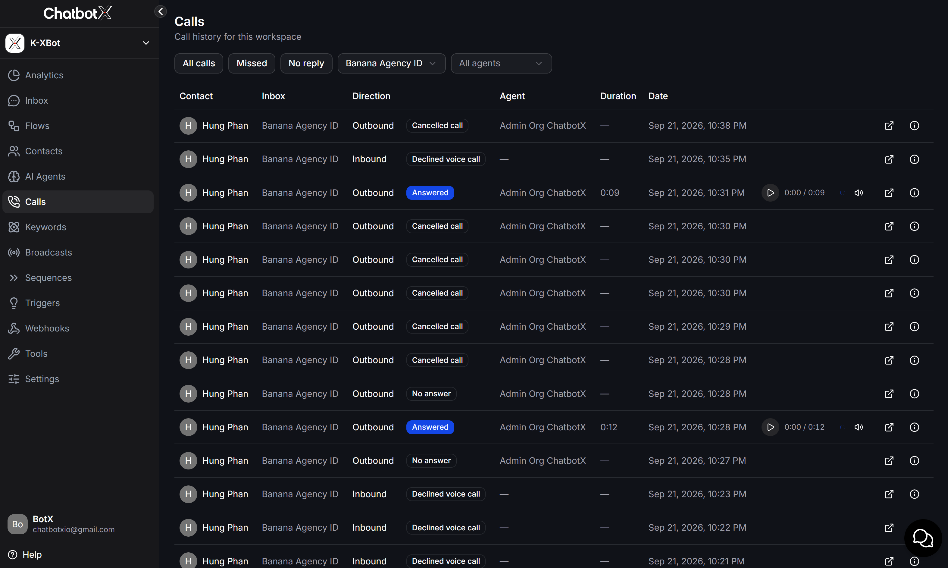 Chatbotx Workspace Calls History Management