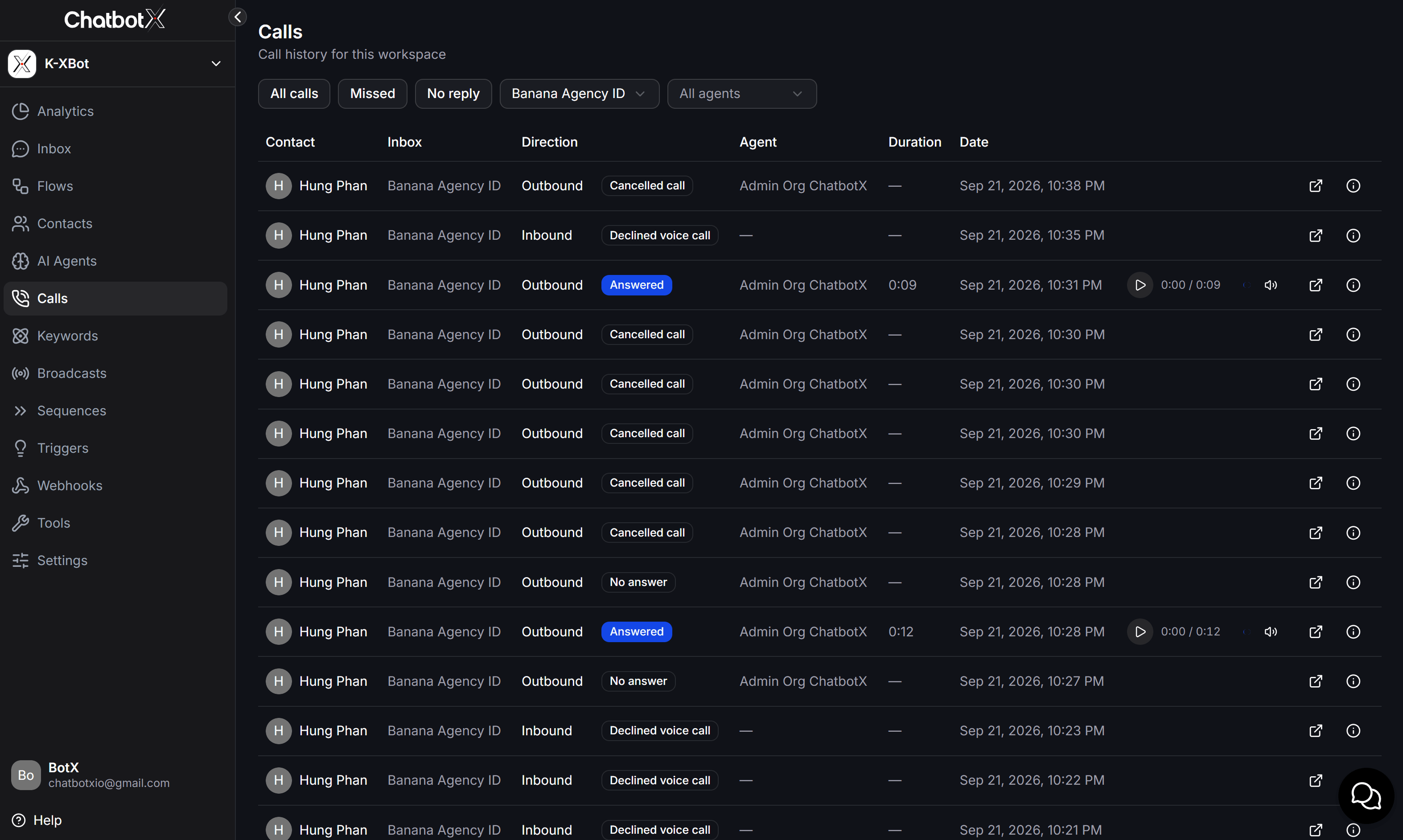 Chatbotx Workspace Calls History Management