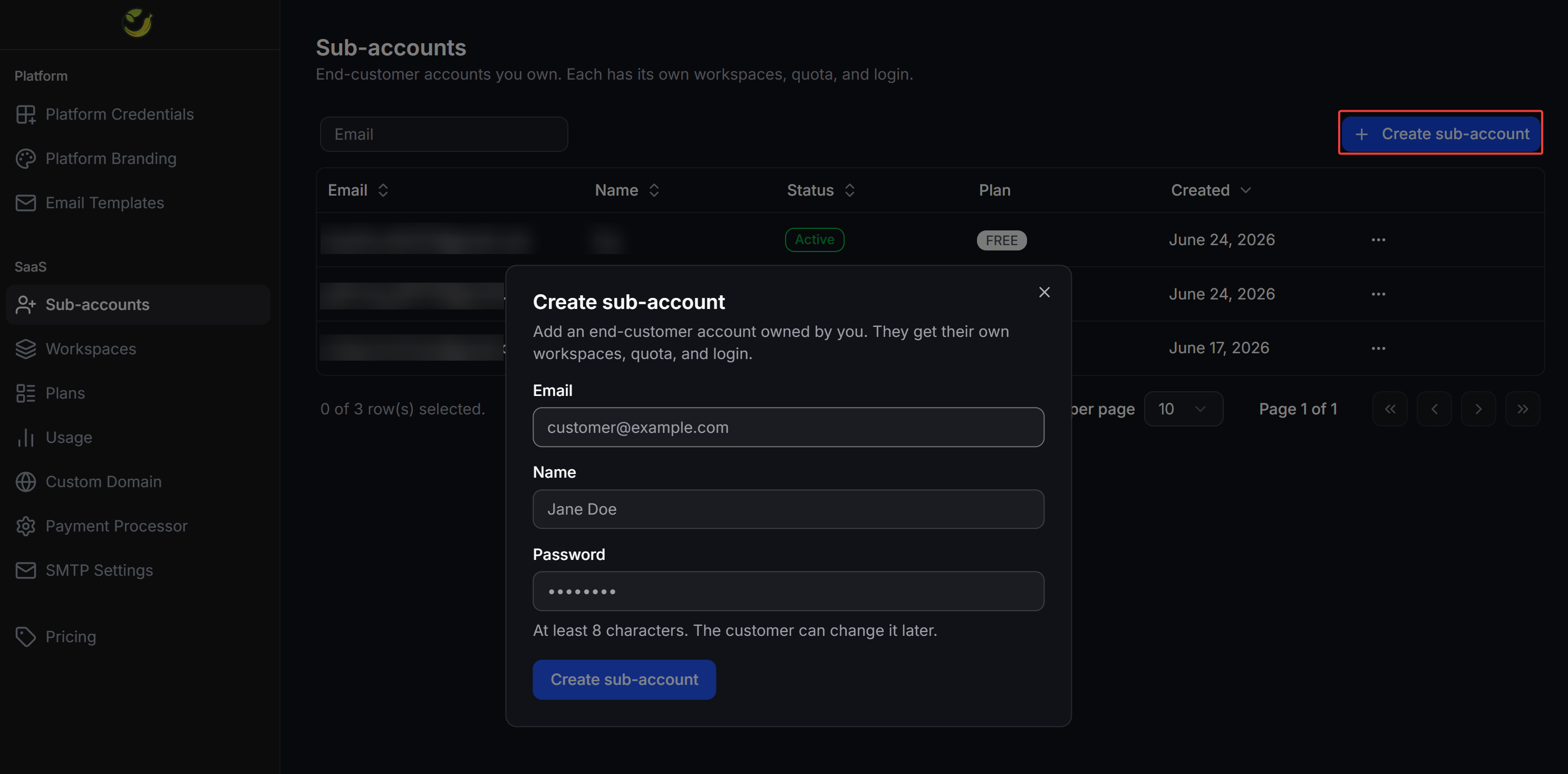 Chatbotx Whitelabel Create Sub Account Modal