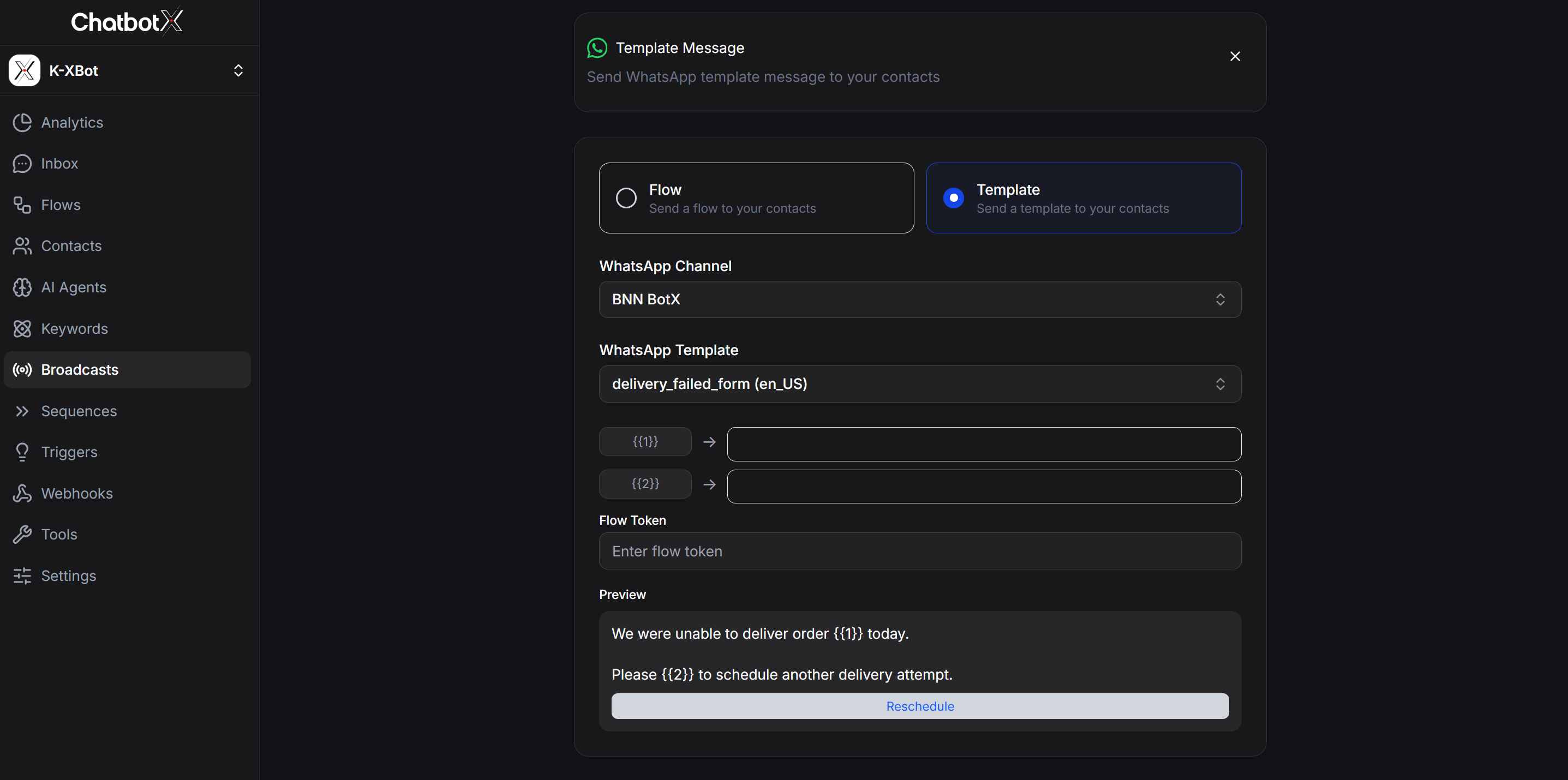 Send WhatsApp Template via Broadcast