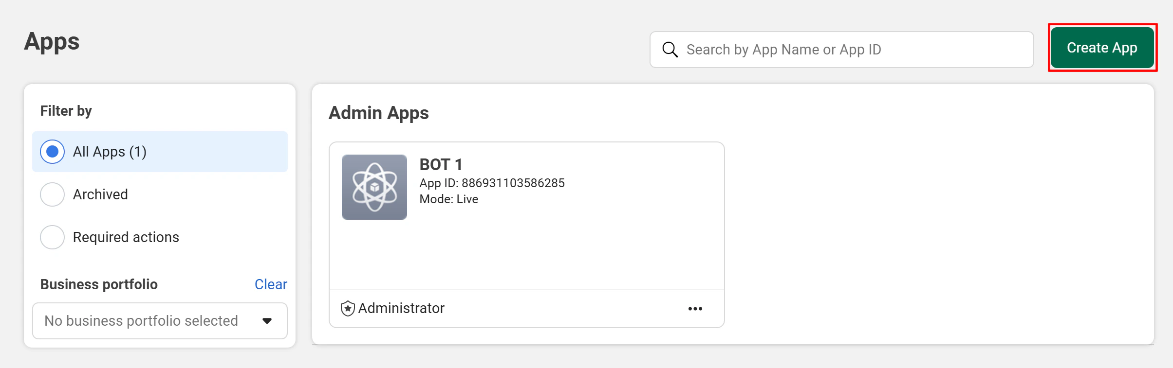Create App button in the Facebook Developer Portal