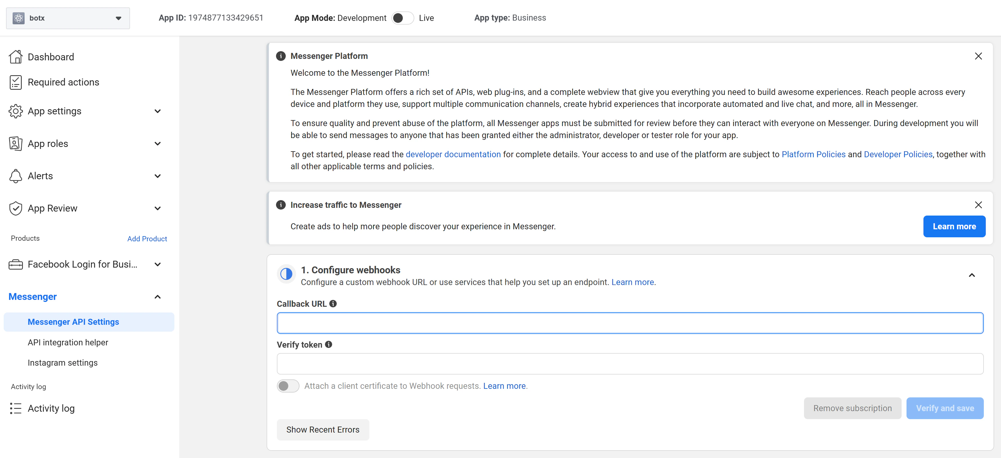 Webhook callback URL and verify token fields