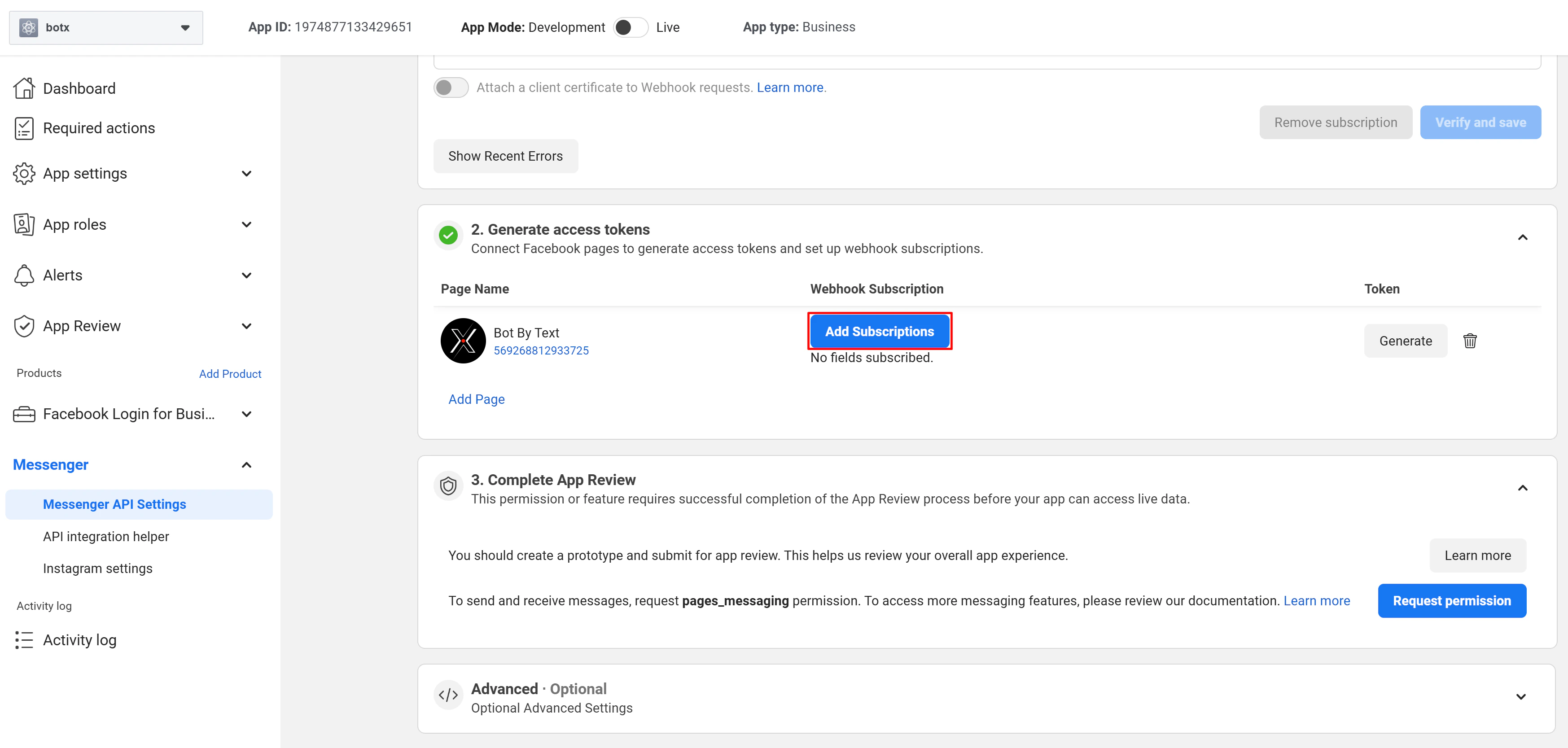 Add subscriptions button